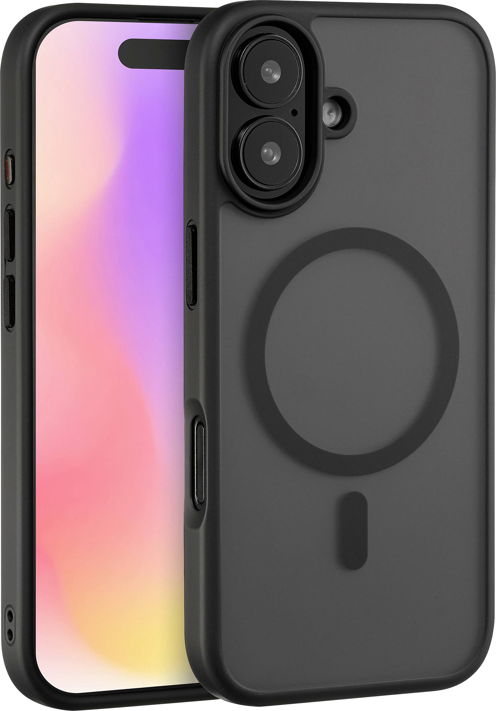 Ein Smartphone mit Dual-Kamera-Setup in einem schwarzen Gehäuse steht neben einem zweiten Telefon, das einen leuchtend rosa und gelben Bildschirm zeigt.