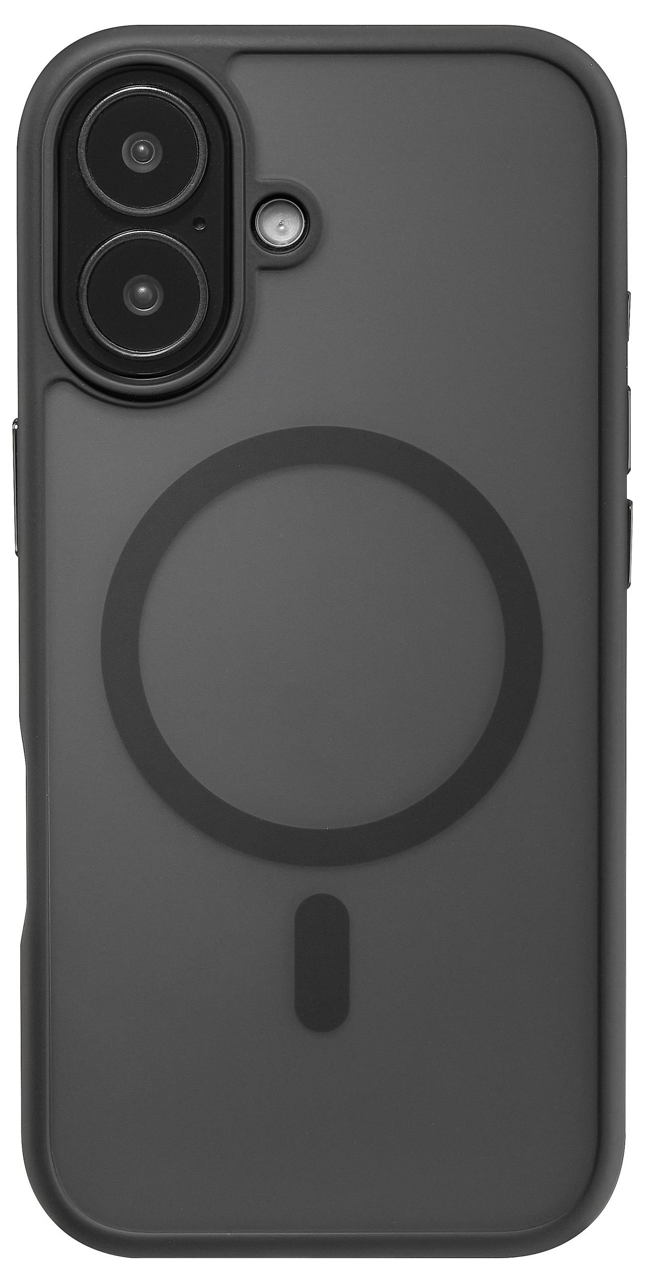 Eine schwarze Smartphone-Hülle mit einer Kameraausschnitt und einem kreisförmigen MagSafe-Design auf der Rückseite, was auf Kompatibilität mit drahtlosem Laden hinweist.