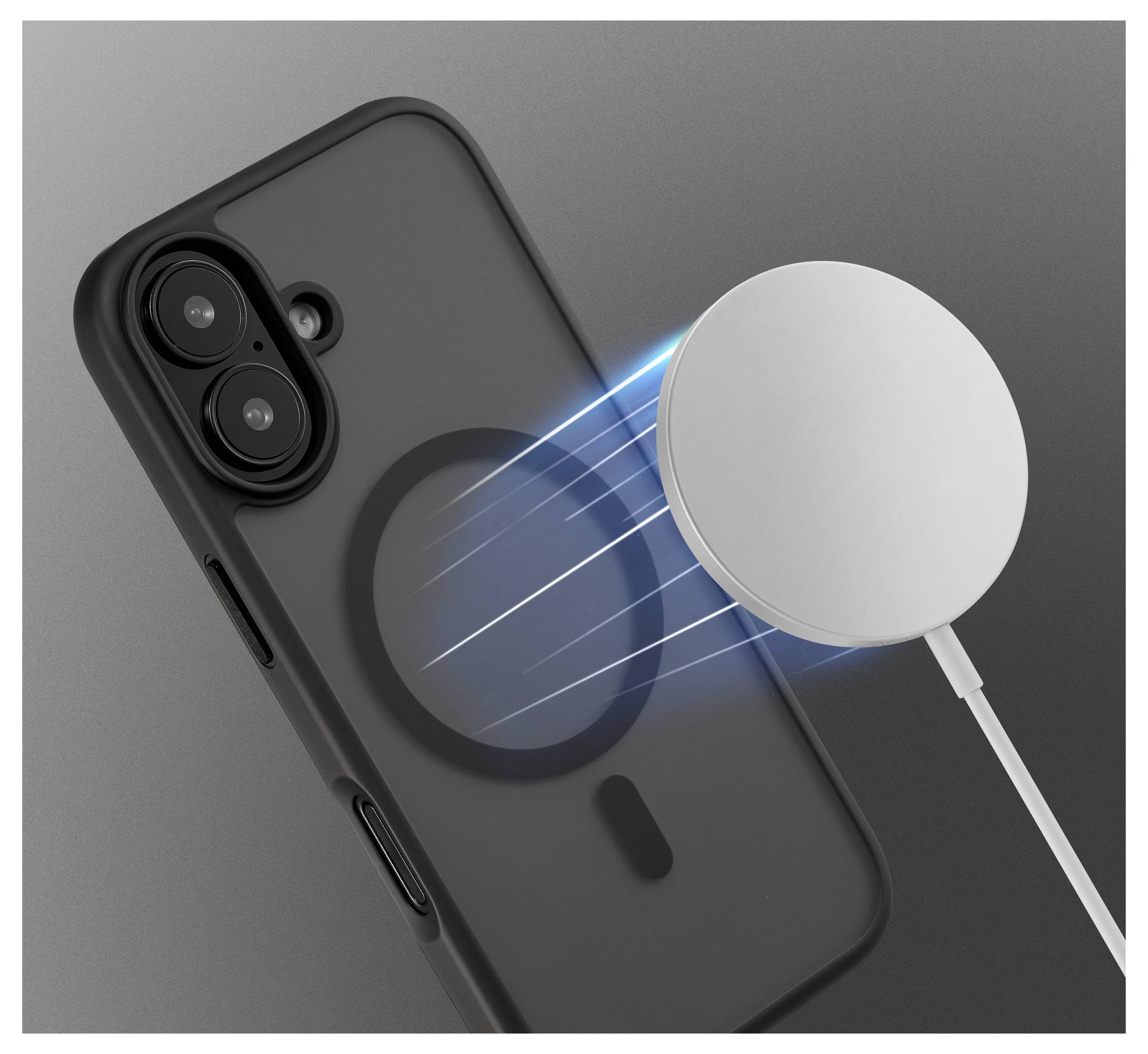 Ein Smartphone mit einer schwarzen Hülle zieht ein kreisförmiges magnetisches Ladegerät an und zeigt Wireless-Charging-Fähigkeit mit blauen Energielinien.