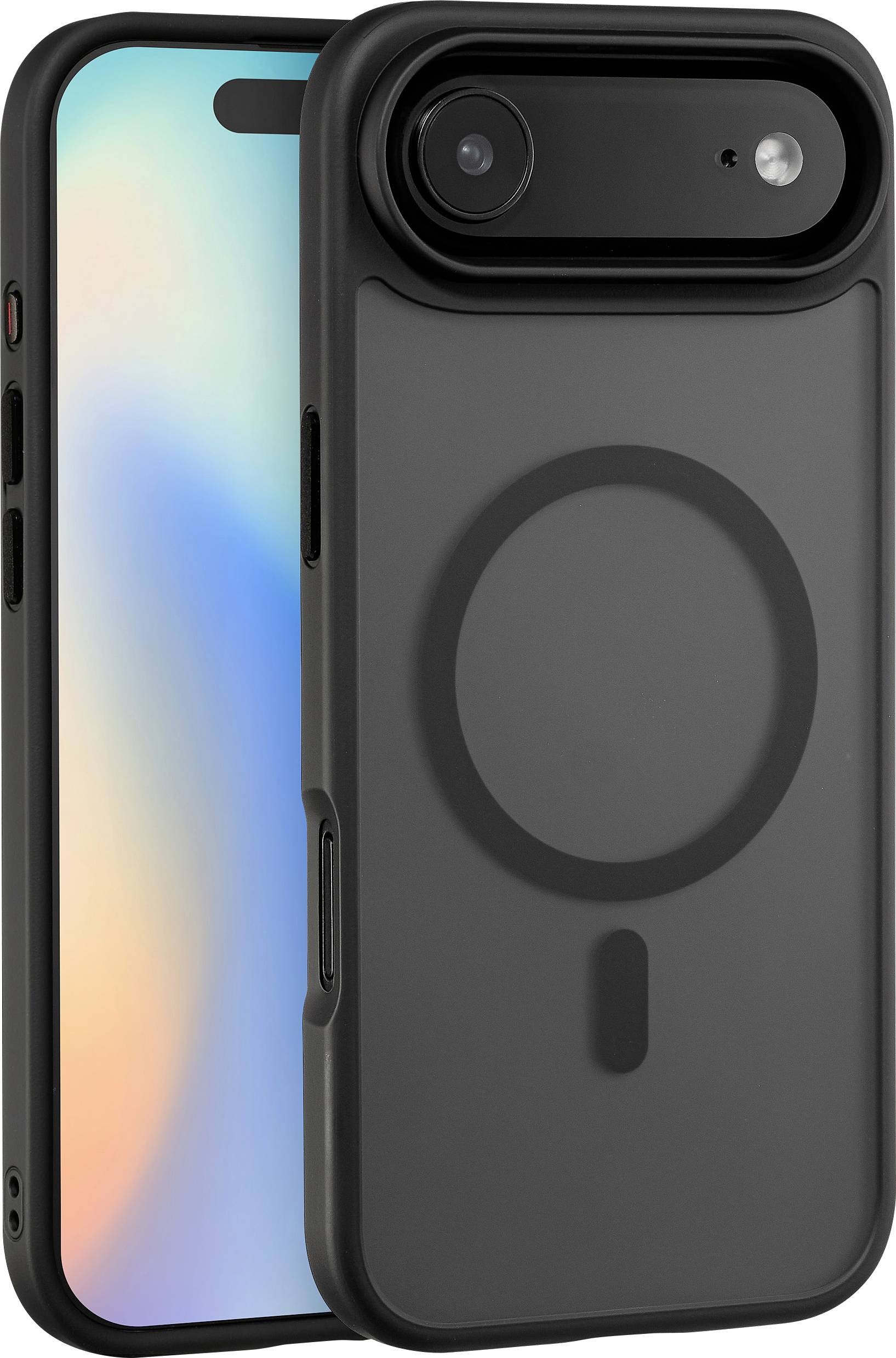 Ein schwarzes Smartphone-Gehäuse wird gezeigt, das auf der Rückseite ein kreisförmiges Design aufweist, welches die MagSafe-Kompatibilität anzeigt. Ein Platzhalter-Smartphone befindet sich im Inneren.