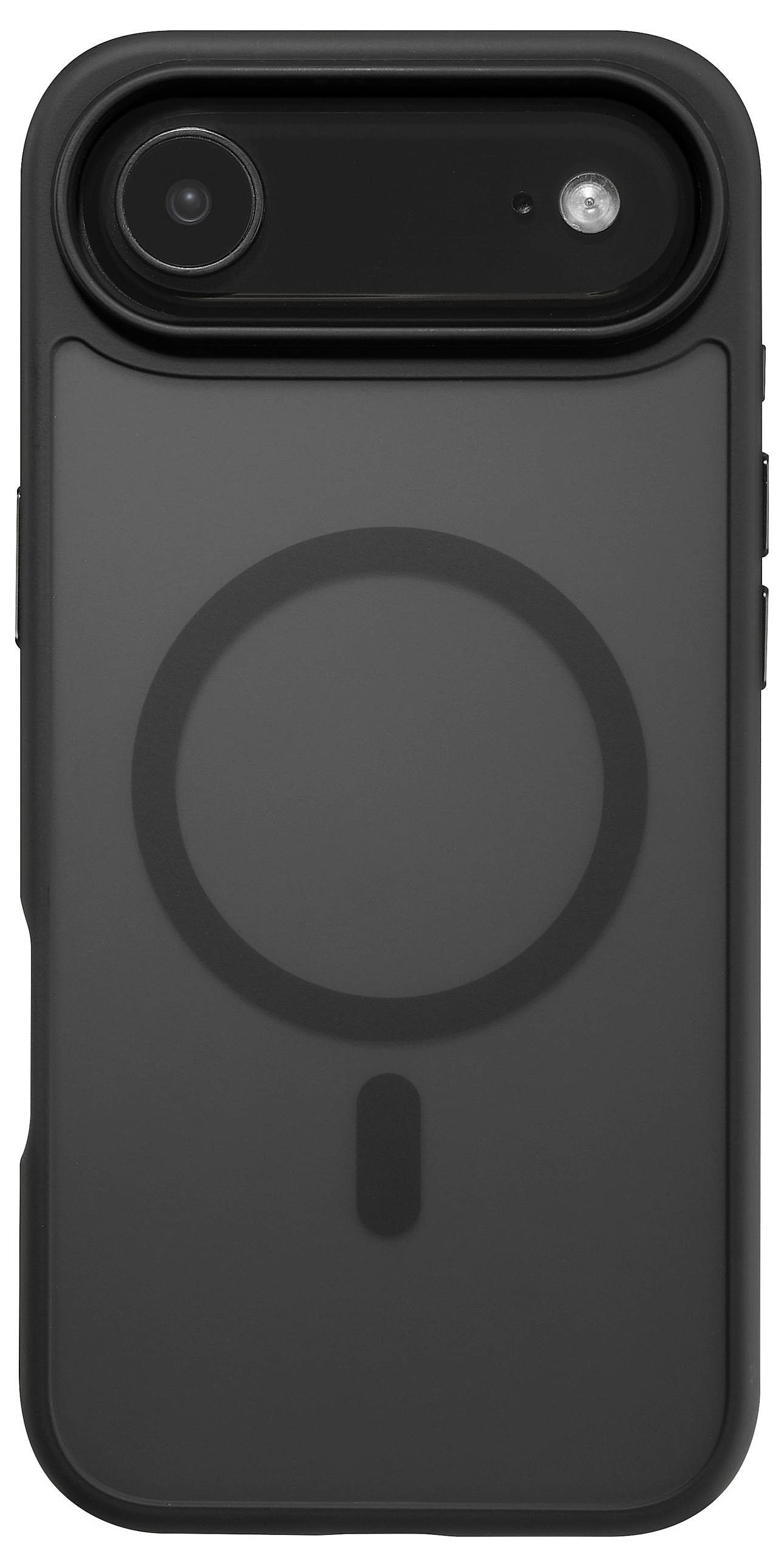 Eine schwarze Smartphone-Hülle mit einem kreisförmigen magnetischen Design auf der Rückseite, mit einer Kameraausparung in der oberen linken Ecke.