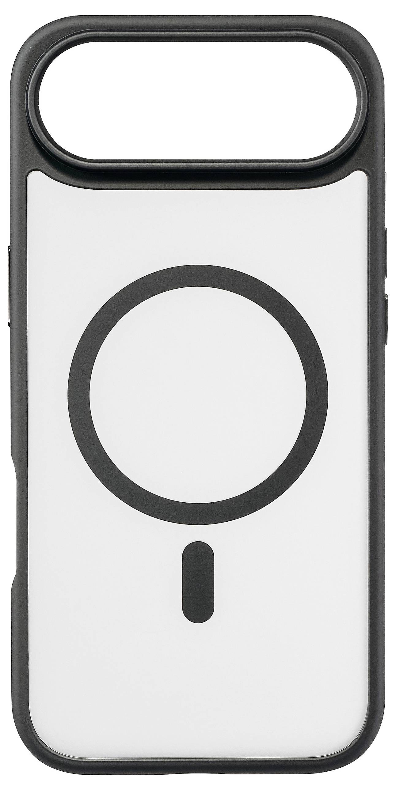 Eine weiße Handyhülle mit einem schwarzen Ring- und Liniendesign auf der Rückseite, die eine große Aussparung an der Oberseite für die Kamera aufweist.