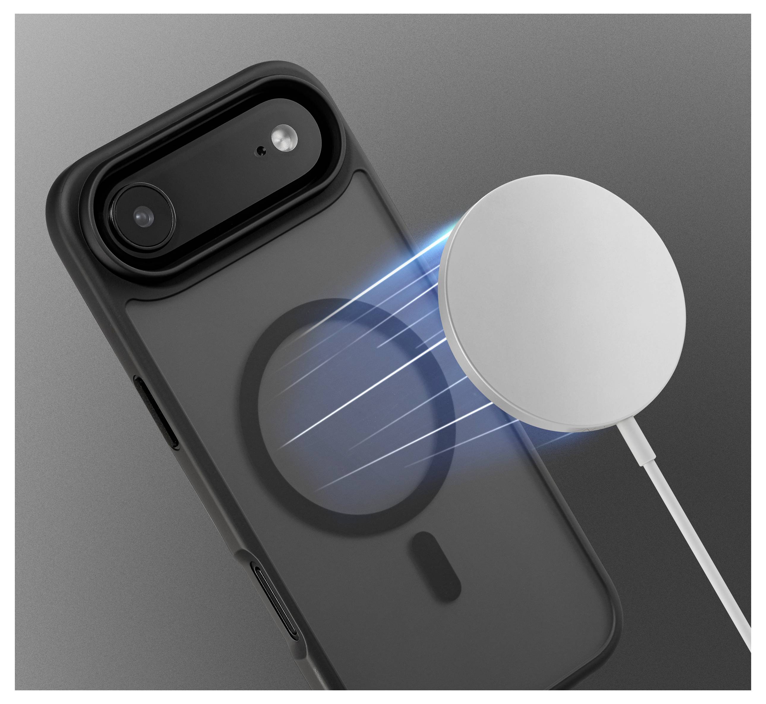 Ein Smartphone mit einer schwarzen Hülle wird gezeigt, wie es mit einem magnetischen drahtlosen Ladegerät ausgerichtet wird, was durch blaue Linien, die die Verbindung darstellen, angedeutet wird.