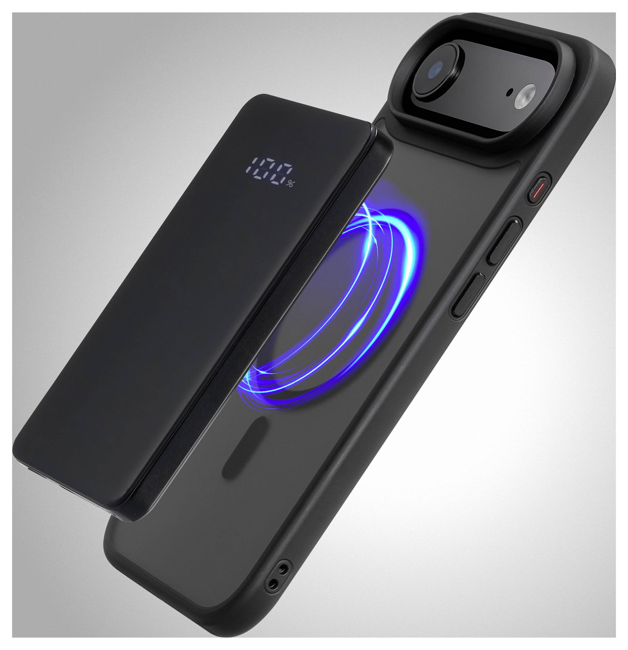 Ein Smartphone mit einer abnehmbaren Powerbank; der Bildschirm des Telefons zeigt einen Prozentsatz an, und die Powerbank verfügt über eine blaue LED-Anzeige, die das Laden signalisiert.