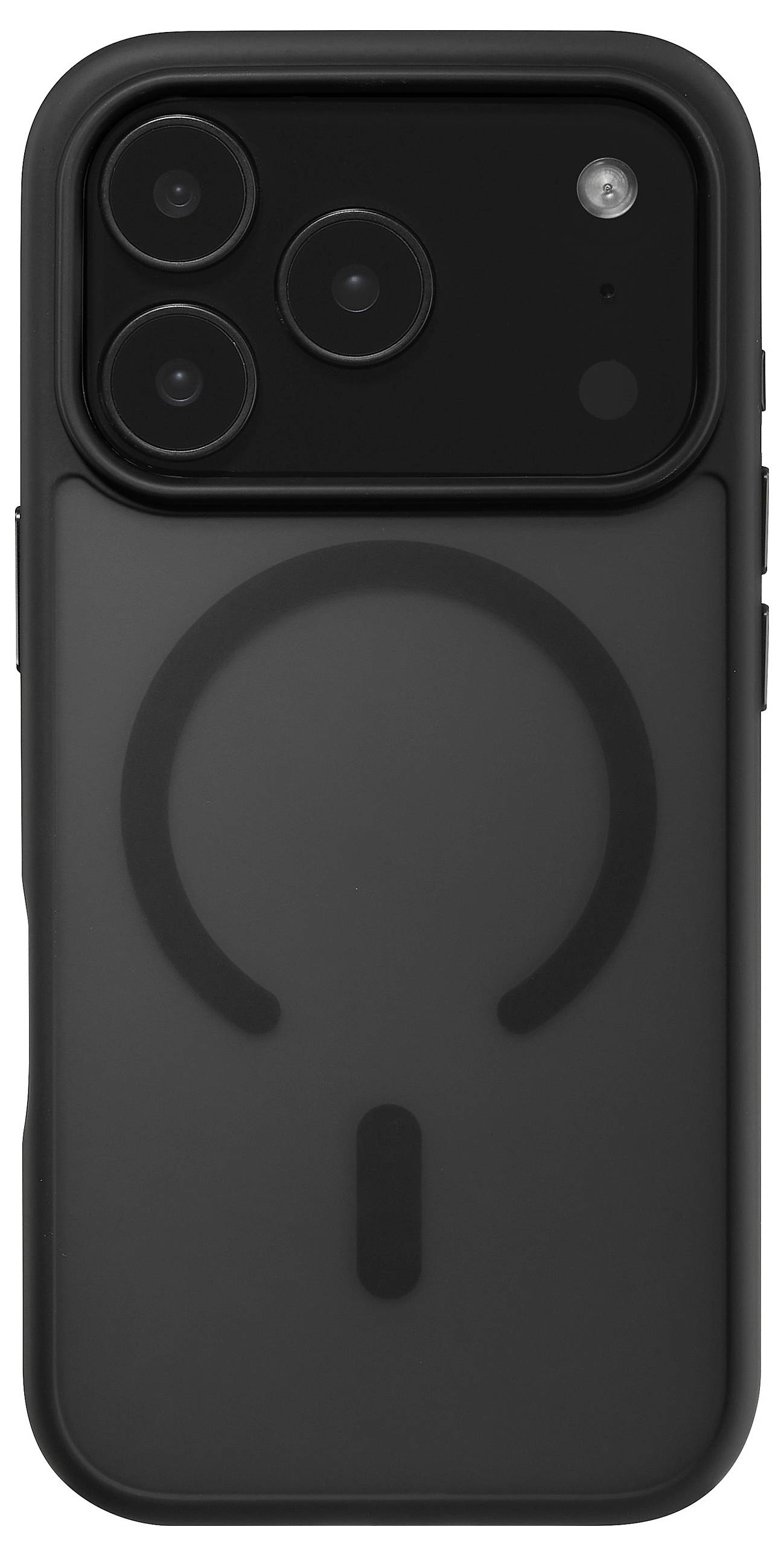 Ein Smartphone mit einer schwarzen MagSafe-Hülle, die ein kreisförmiges Designmuster auf der Rückseite und eine Triple-Objektiv-Kameraanordnung in der oberen linken Ecke aufweist.