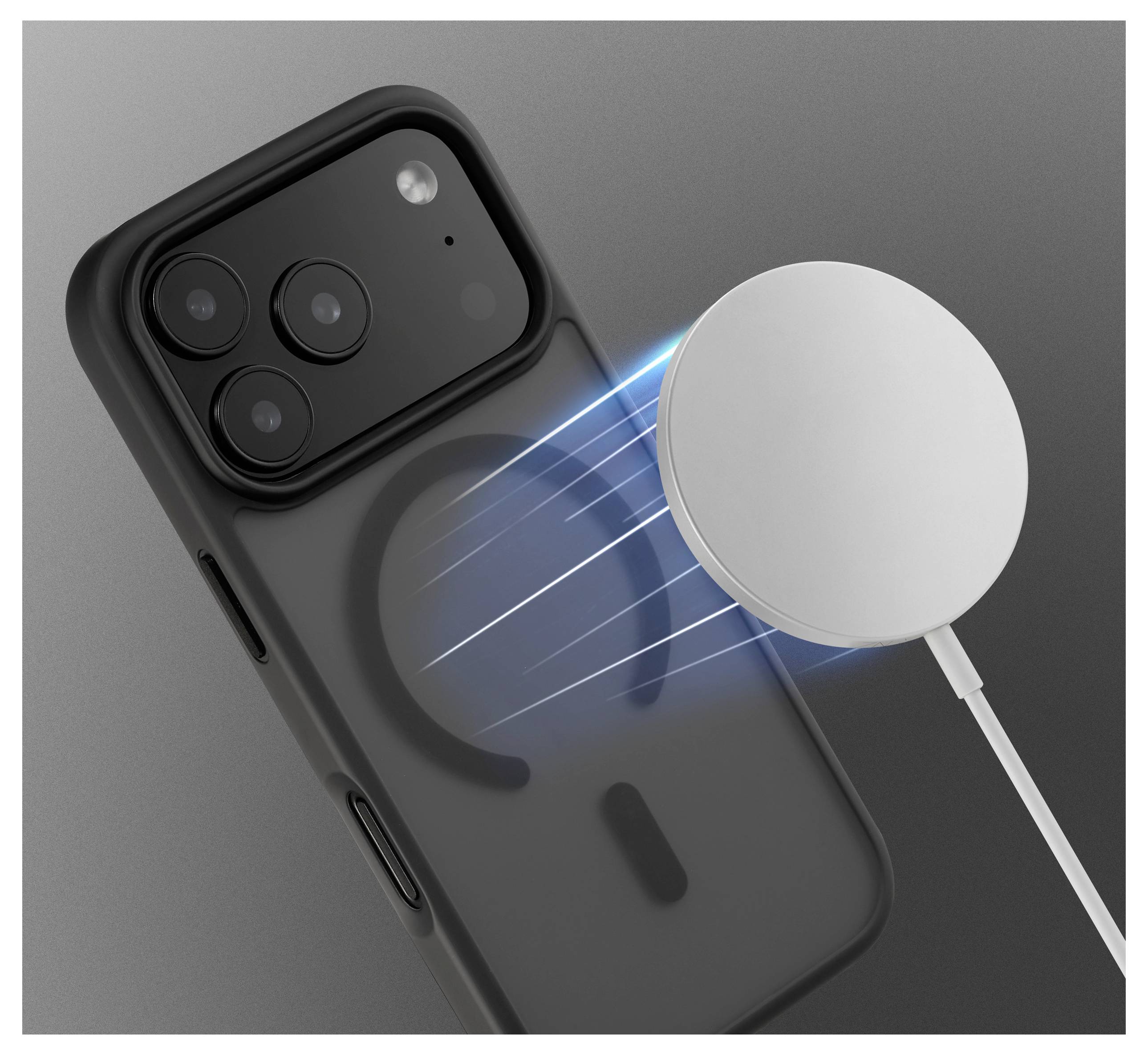 Ein schwarzes Smartphone mit einem hervorgehobenen Ring auf der Rückseite, das neben einem kreisförmigen drahtlosen Ladegerät mit blauem Licht positioniert ist.