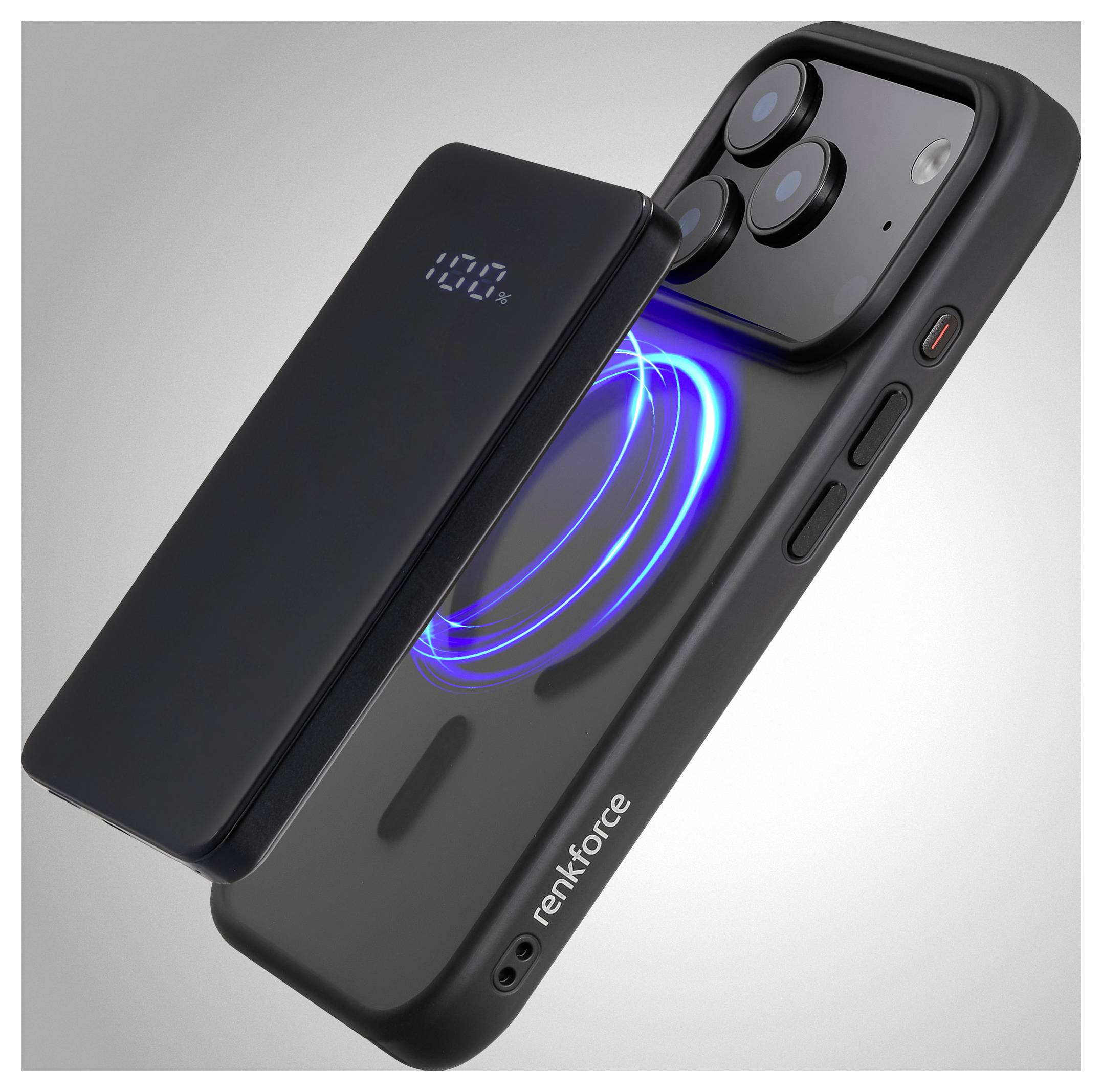 Ein schwarzes Renkforce-Smartphone mit abnehmbarer magnetischer Rückseite wird gezeigt. Die Rückseite zeigt '100%' und verfügt über ein blaues Ladestatus-Licht.