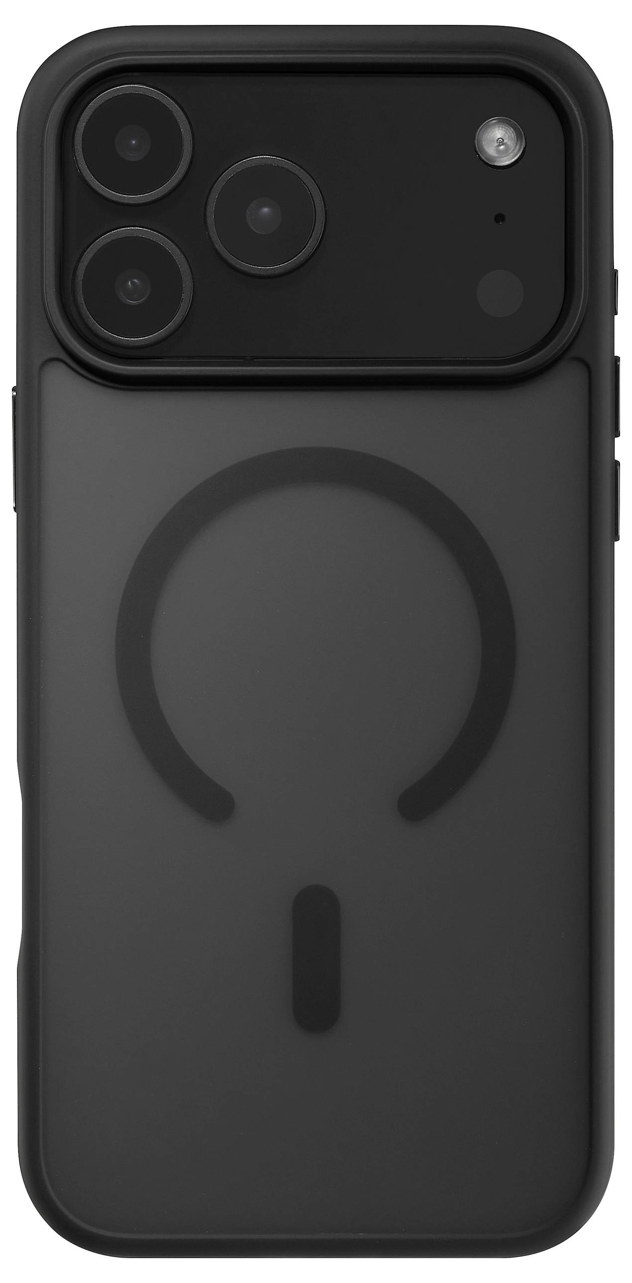 Eine schwarze iPhone-Hülle mit drei Kameraausschnitten und einem zentralen kreisförmigen magnetischen Muster, das für MagSafe-Zubehör entwickelt wurde.
