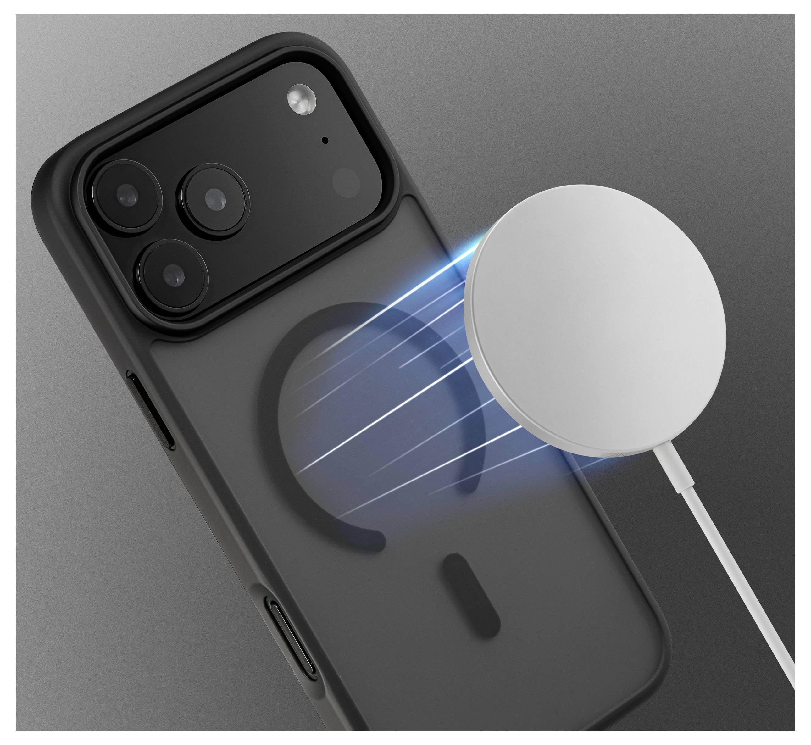 Ein Smartphone mit einer schwarzen Hülle wird von hinten gezeigt. Ein drahtloses Ladegerät ist ausgerichtet, wobei blaue Lichtstreifen die Konnektivität andeuten.