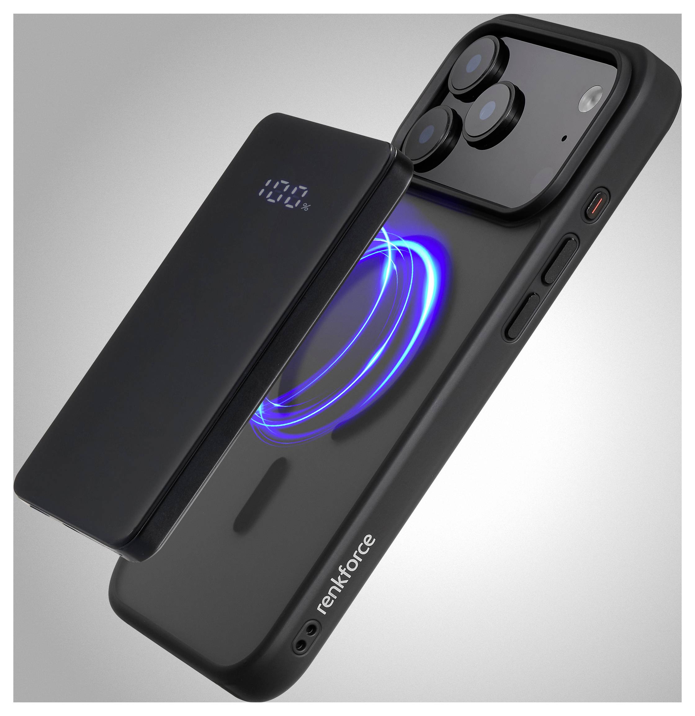 Eine kabellose Ladehülle der Marke 'renkforce' mit blauem Ladeindikator und beleuchteter Ladeanzeige, neben einer schlanken Powerbank.