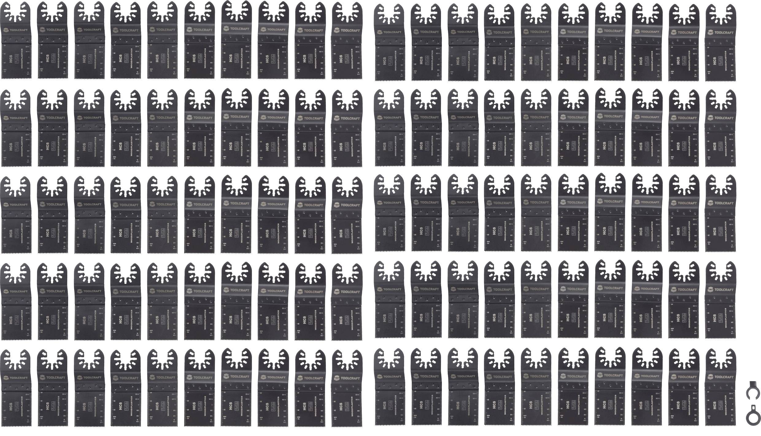 Reihen von 100 identischen dunklen Rasierklingen-Schutzkappen sind ausgerichtet, wobei eine Schutzhülle separat in der unteren rechten Ecke platziert ist.