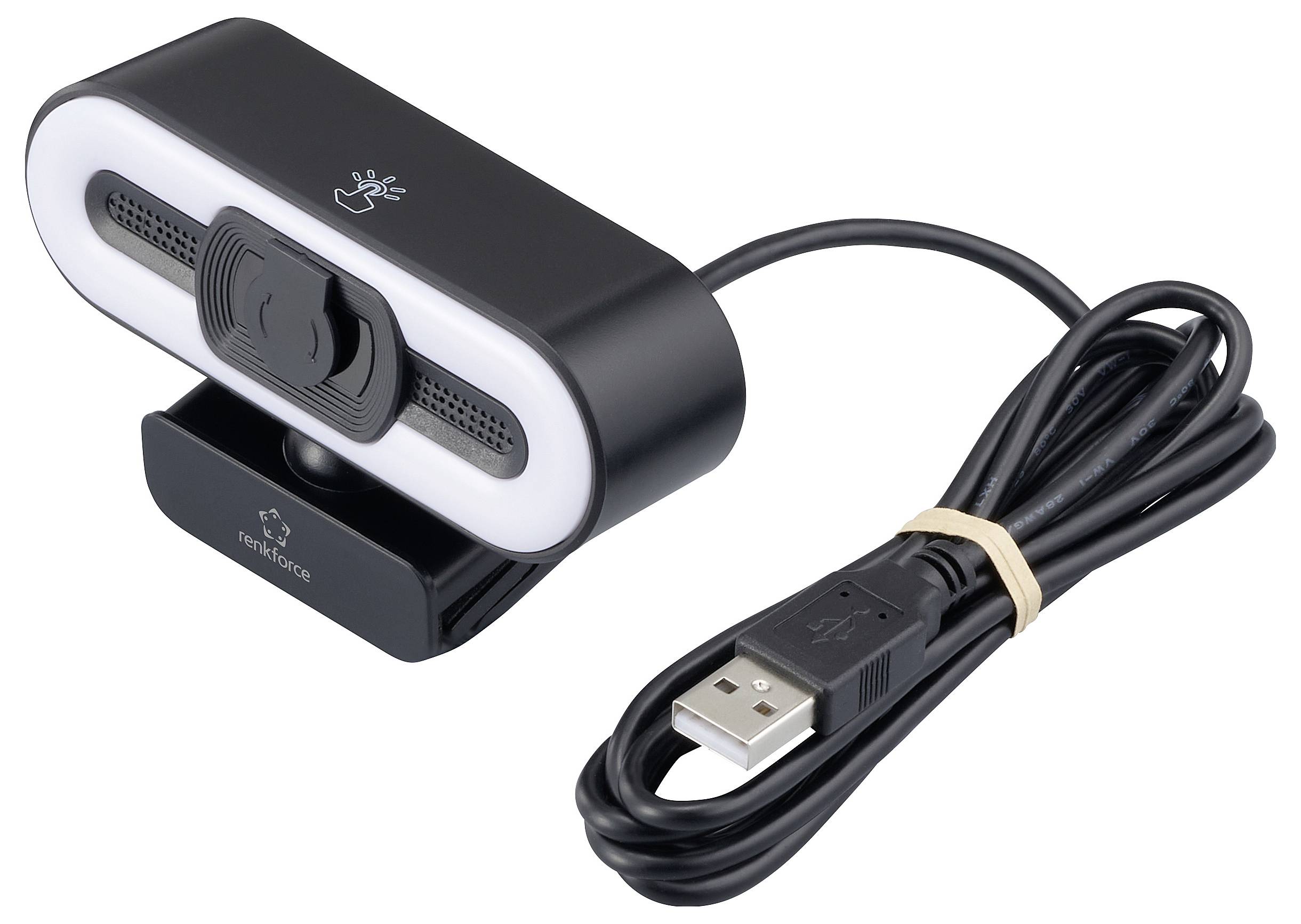 Eine schwarze Webcam mit einer verstellbaren Klemme und USB-Kabel, ausgestattet mit einer Datenschutzabdeckung über dem Objektiv.