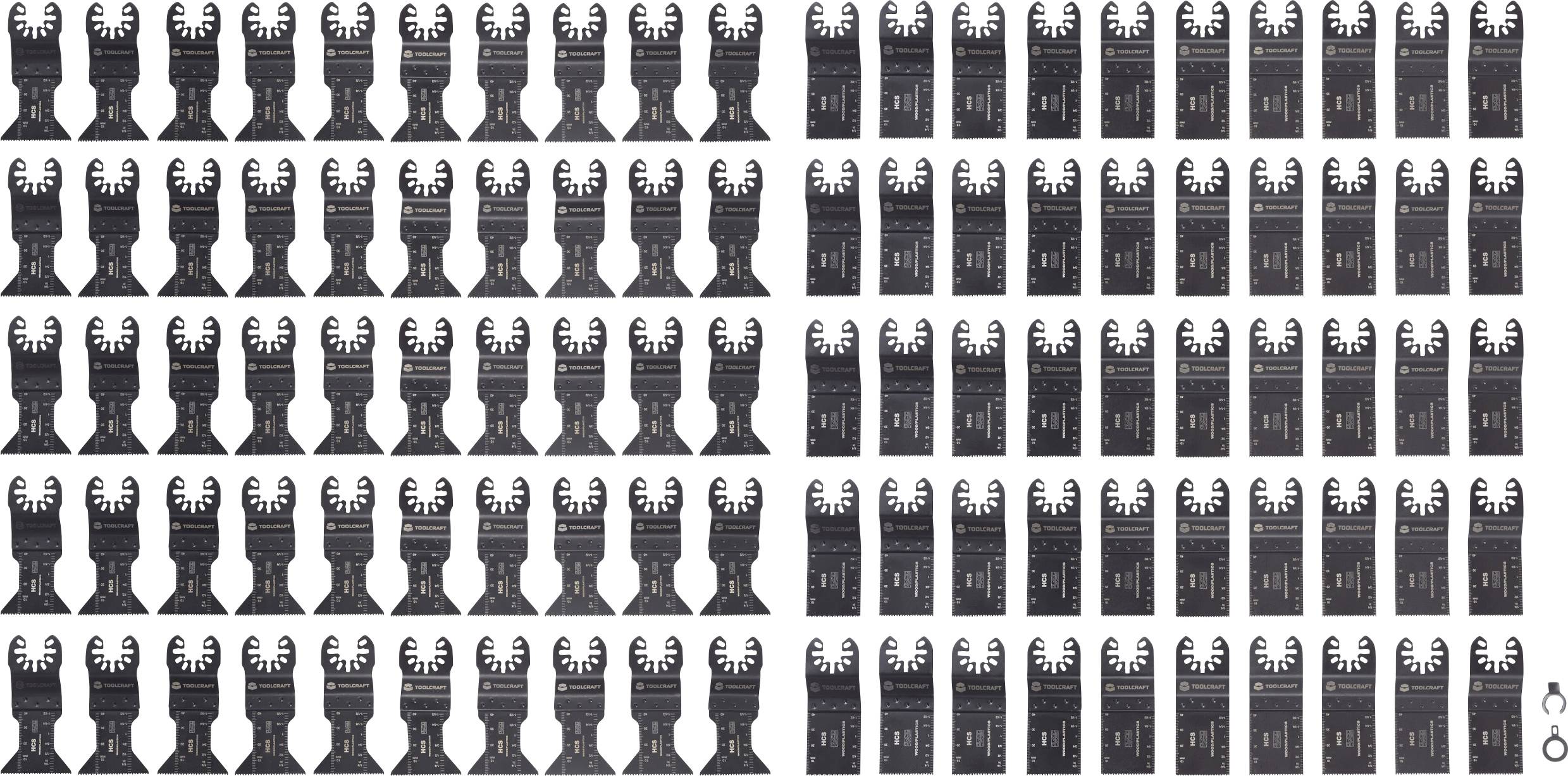 Ein Raster aus oszillierenden Sägeblättern, angeordnet in sechs Reihen, wobei jede Reihe Klingen in unterschiedlichen Formen und Größen aufweist.