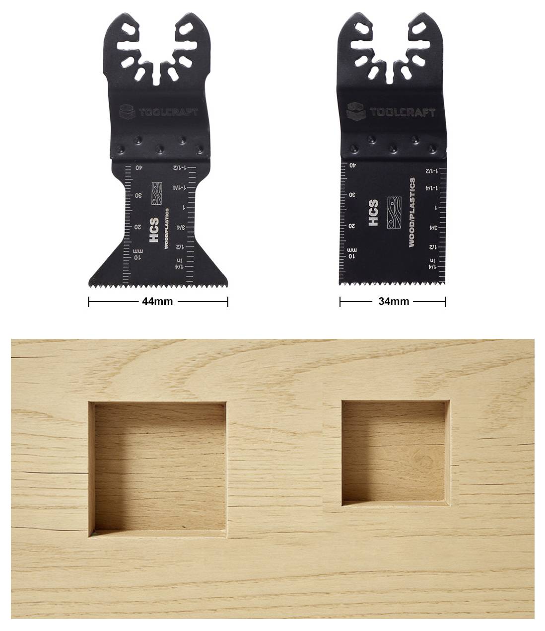 Oszillierende Multitool-Sägeblätter von Toolcraft, eines mit 44 mm und das andere mit 34 mm, dargestellt mit präzisen quadratischen Ausschnitten in Holzmaterial.
