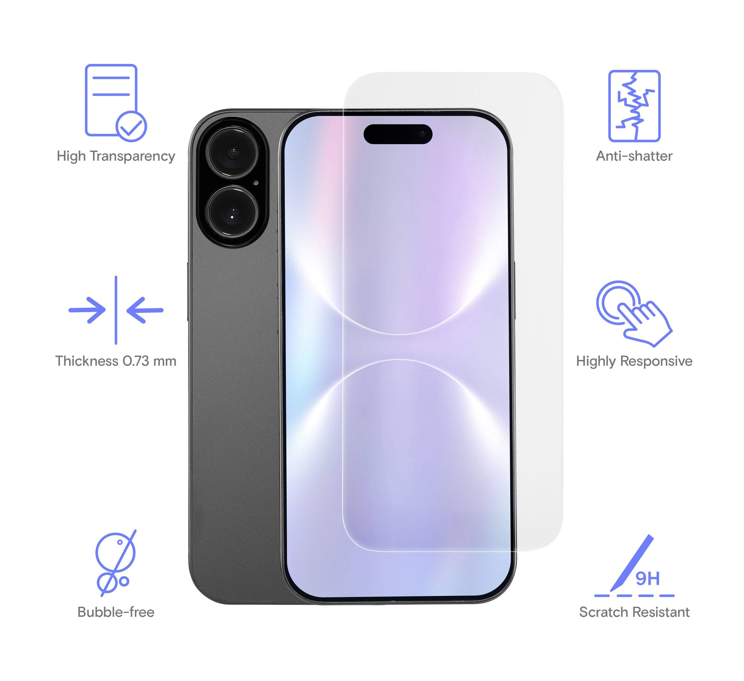 Displayschutz für Smartphone, der über einem Telefon platziert ist. Merkmale umfassen hohe Transparenz, Splitterschutz, 0,73 mm Dicke und Kratzfestigkeit.