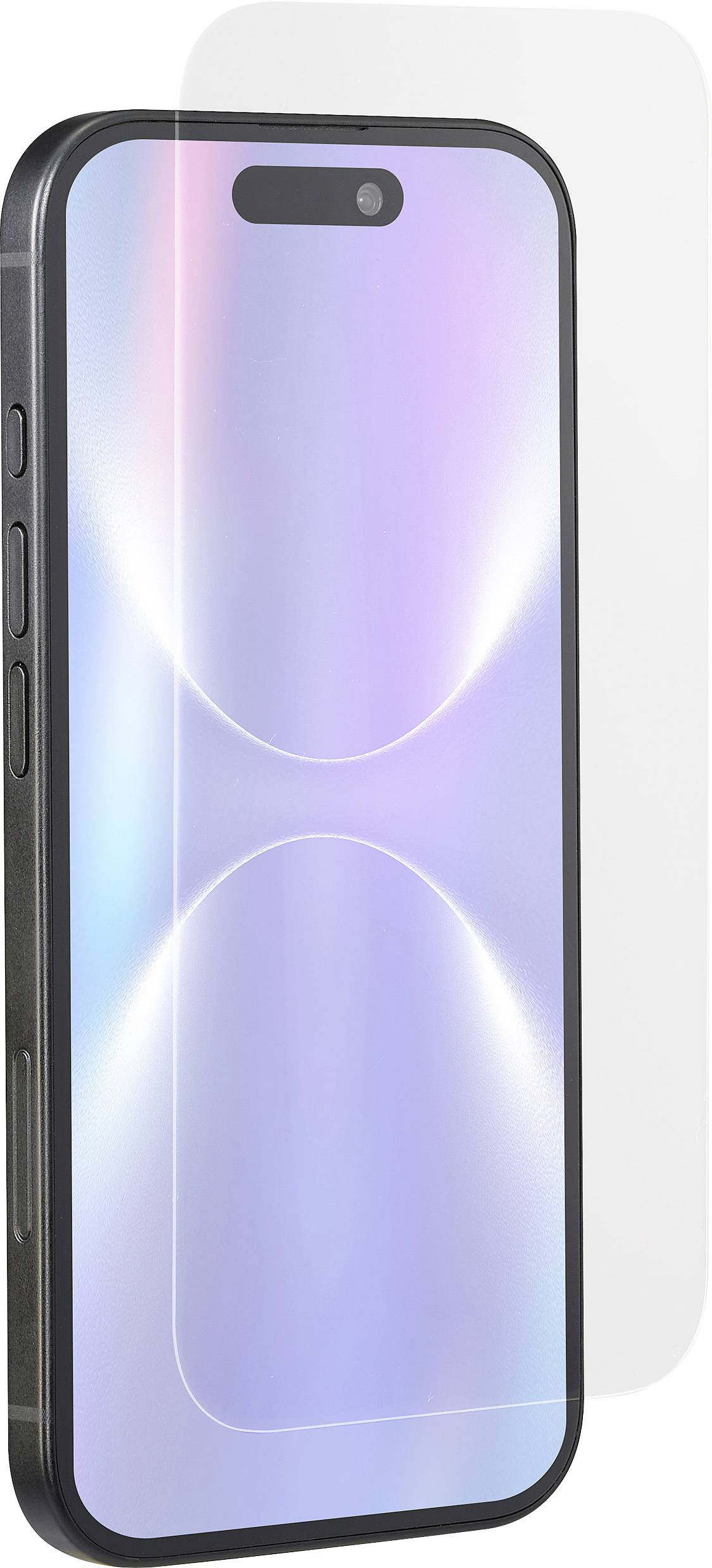Ein Smartphone mit einem reflektierenden, farbenfrohen Bildschirmschutz, der die Klarheit und Passgenauigkeit des Displayschutzes auf dem Gerät hervorhebt.