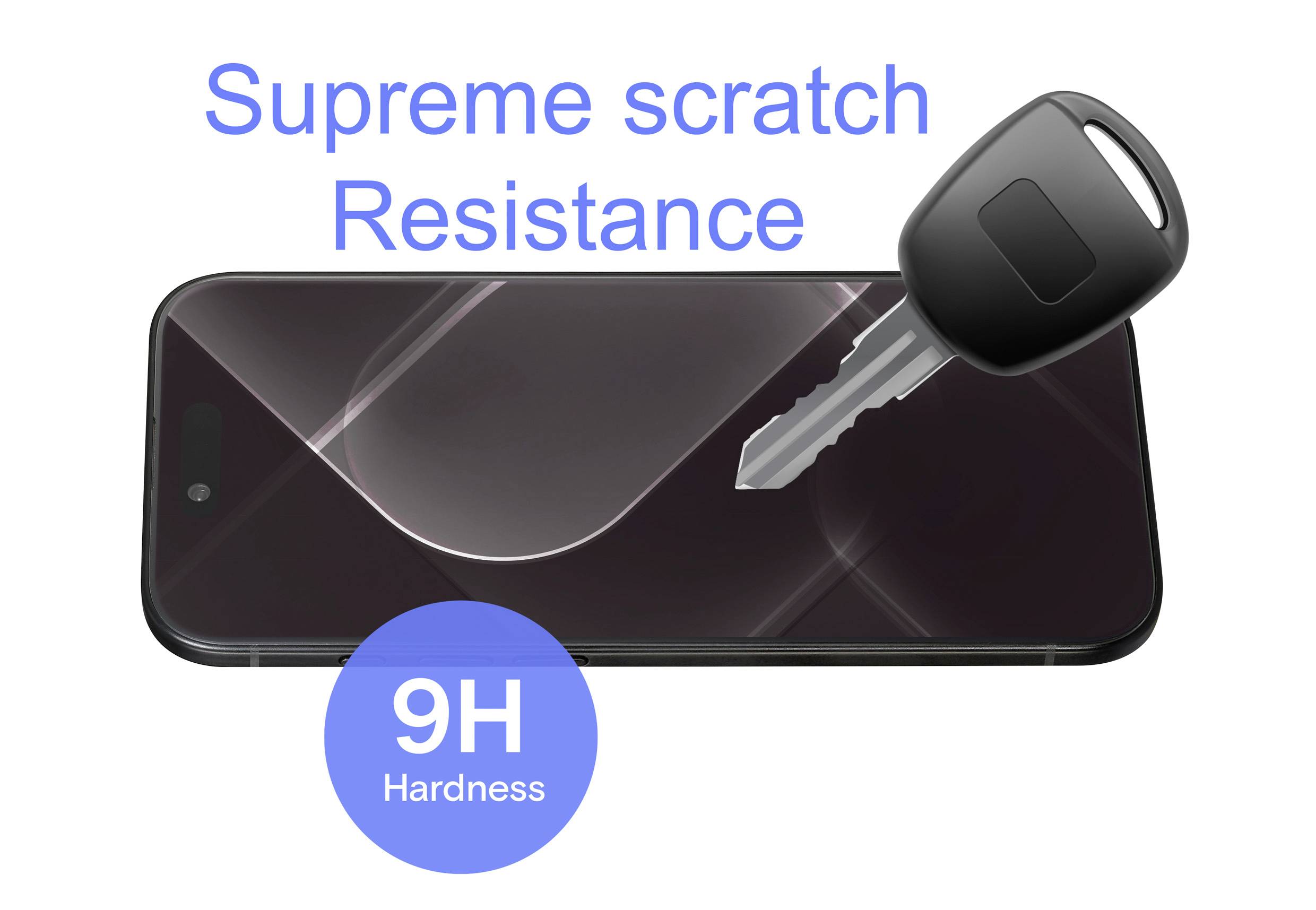 Ein Smartphone-Bildschirm mit einem Schlüssel darauf, der 'Höchsten Kratzschutz' und '9H Härte' gegen Kratzer demonstriert.