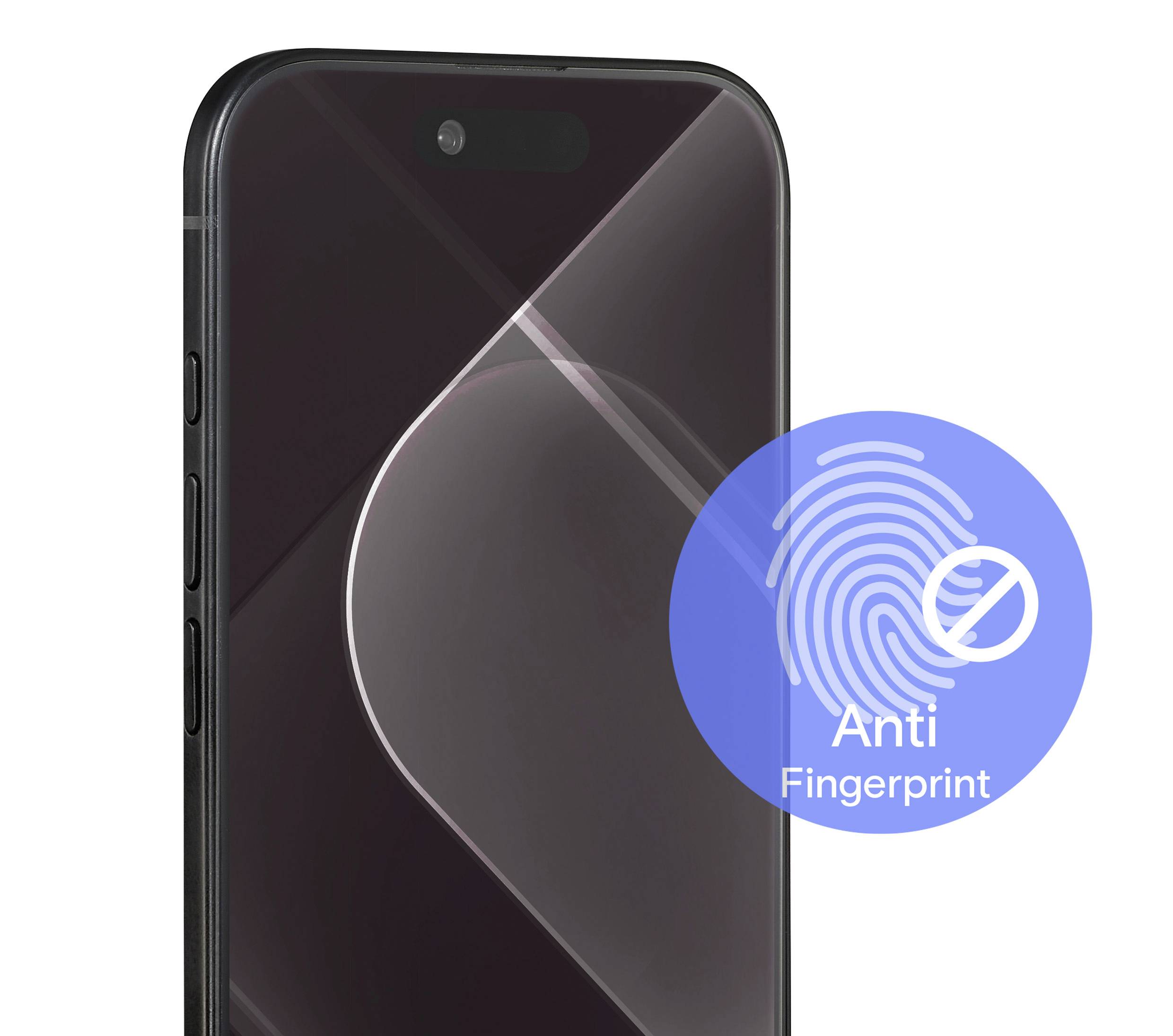 Smartphone mit Anti-Fingerabdruck-Beschichtung, dargestellt durch ein rundes Abzeichen mit einem durchgestrichenen Fingerabdruck-Symbol, gekennzeichnet als 'Anti Fingerprint'.
