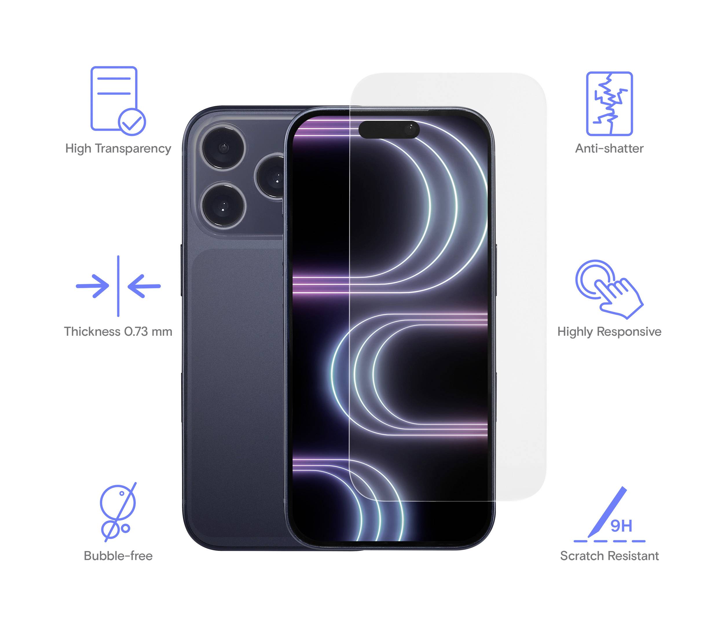 Glasschutzfolie für Smartphone: Bietet hohe Transparenz, Bruchsicherheit, 0,73 mm Dicke, höchste Reaktionsempfindlichkeit, blasenfrei, kratzfest mit einer Härte von 9H.