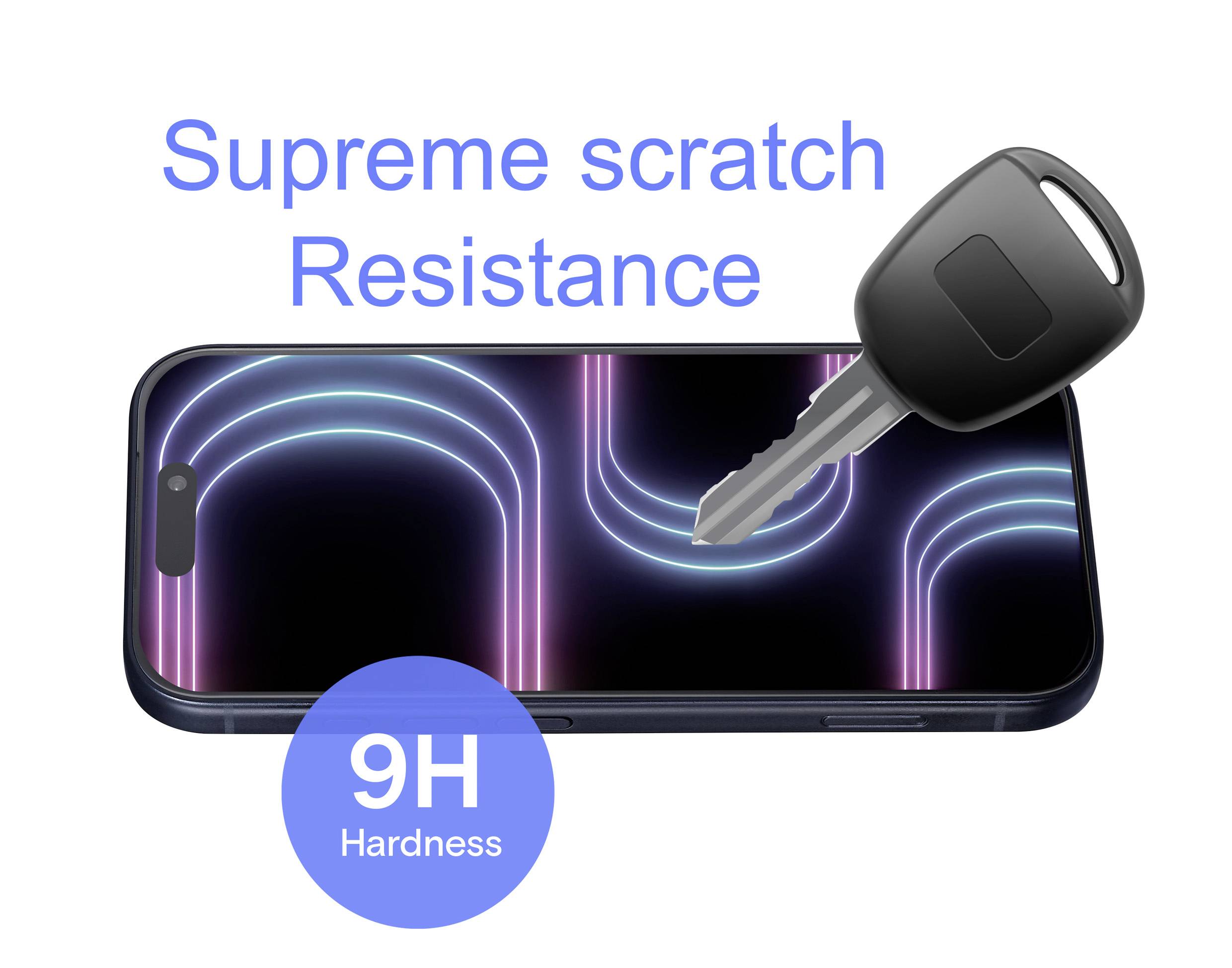 Ein Smartphone-Bildschirm mit Neonmustern wird gezeigt, während ein Schlüssel Druck ausübt und dabei seine ‚Supreme Kratzerbeständigkeit' und ‚9H Härte' hervorhebt.