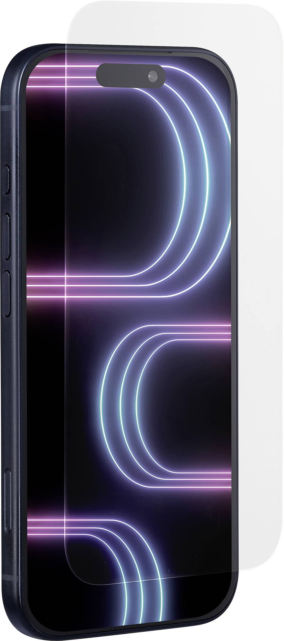 Ein Smartphone mit einem leuchtend neon-blauen und -rosa geschwungenen Liniendisplay, teilweise verdeckt von einem transparenten Displayschutz.