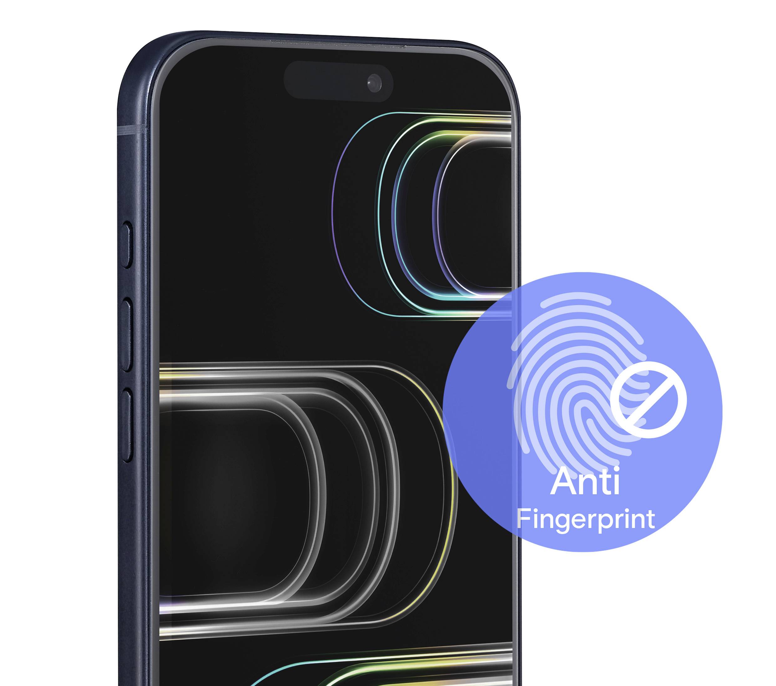 Ein Smartphone mit einem dunklen Bildschirm, auf dem abstrakte, farbenfrohe Designs zu sehen sind. Eine blaue Symbolüberlagerung zeigt ein Fingerabdrucksymbol mit dem Text „Fingerabdruckschutz