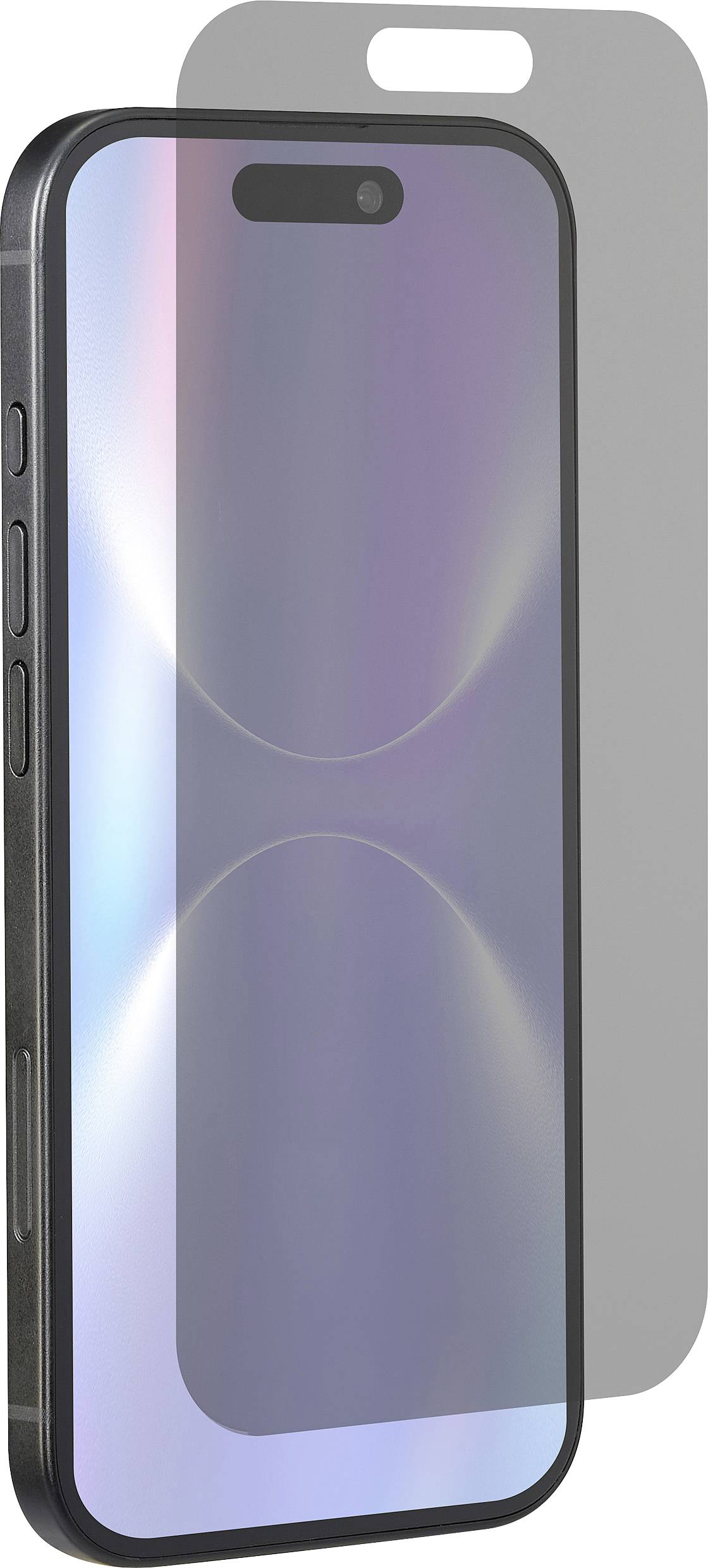 Ein Smartphone mit einem reflektierenden Displayschutz, der es teilweise bedeckt und Details der Tasten auf der linken Seite zeigt, vor einem weißen Hintergrund.
