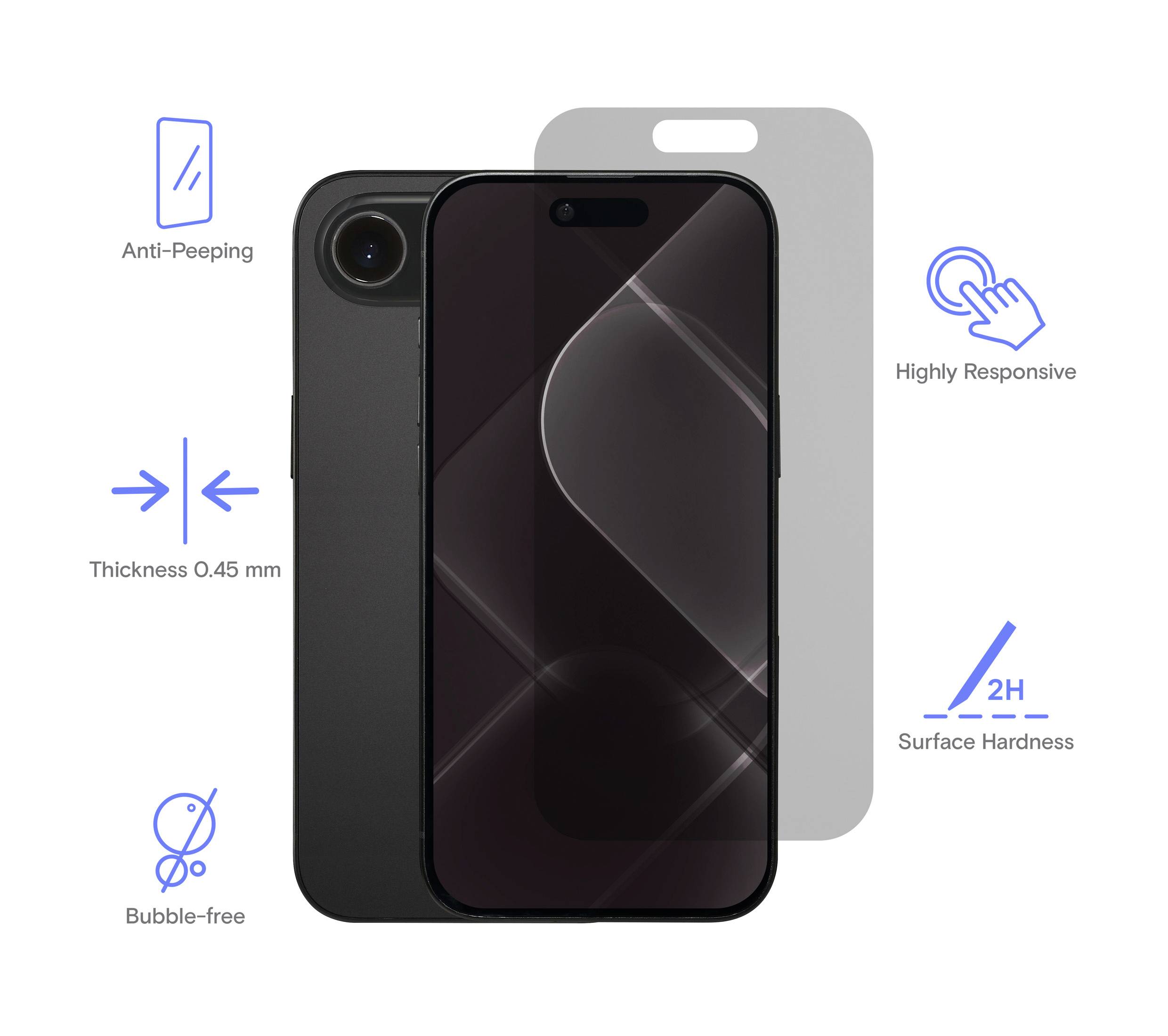 Smartphone mit aufgeklebtem Displayschutz. Eigenschaften: Blickschutz, 0,45 mm Dicke, sehr reaktionsschnell, Oberflächenhärte 2H, blasenfrei.