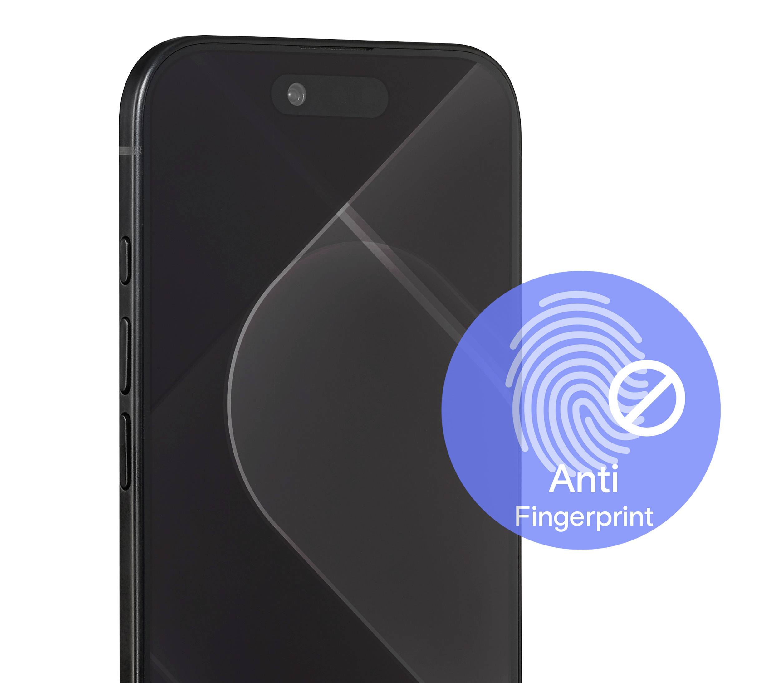 Ein Smartphone mit einem dunklen Bildschirm, der ein blaues kreisrundes Emblem mit einem Fingerabdrucksymbol und dem Text 