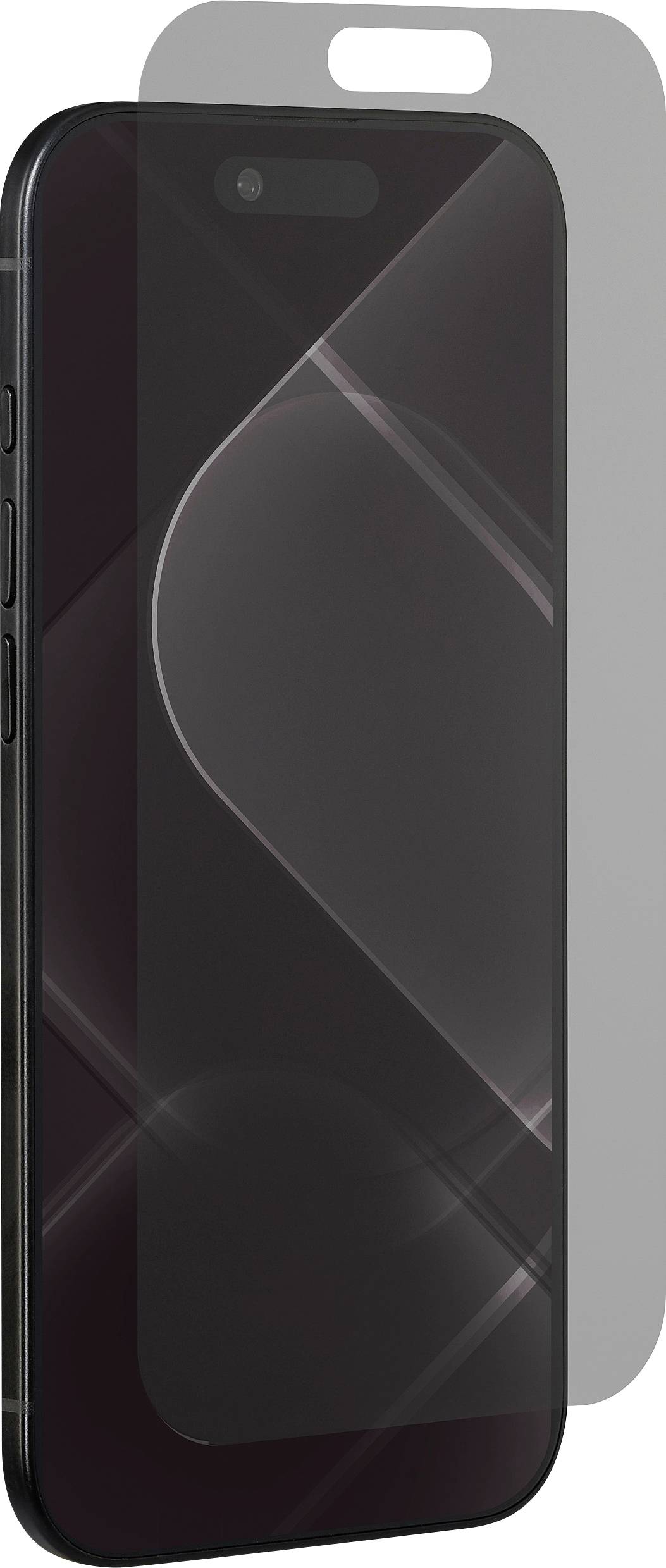 Smartphone mit teilweise aufgeklebter Displayschutzfolie, der Bildschirm und Randdetails des Telefons werden sichtbar.