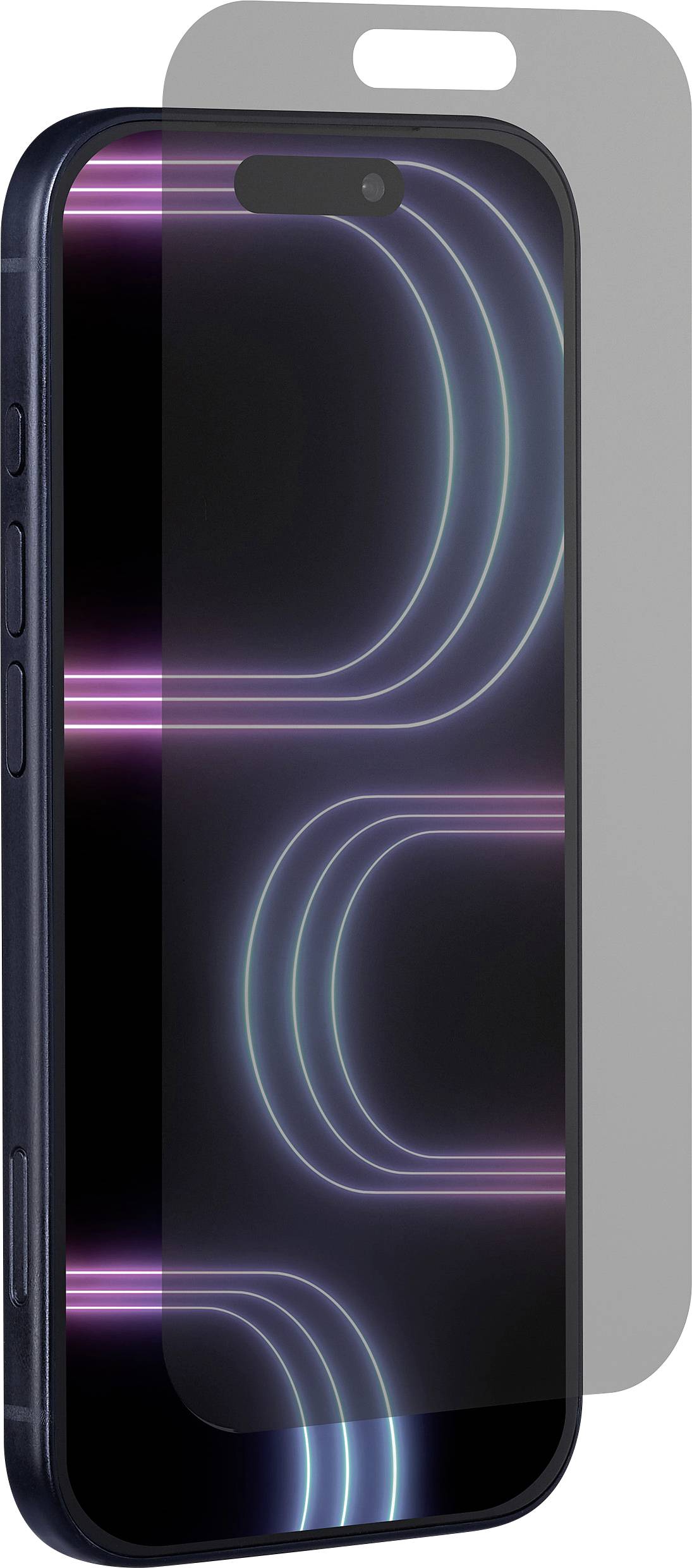 Ein Smartphone mit einem leuchtenden Neonmuster auf dem Bildschirm ist teilweise von einem halbtransparenten Displayschutz bedeckt, was eine Installationsphase andeutet.