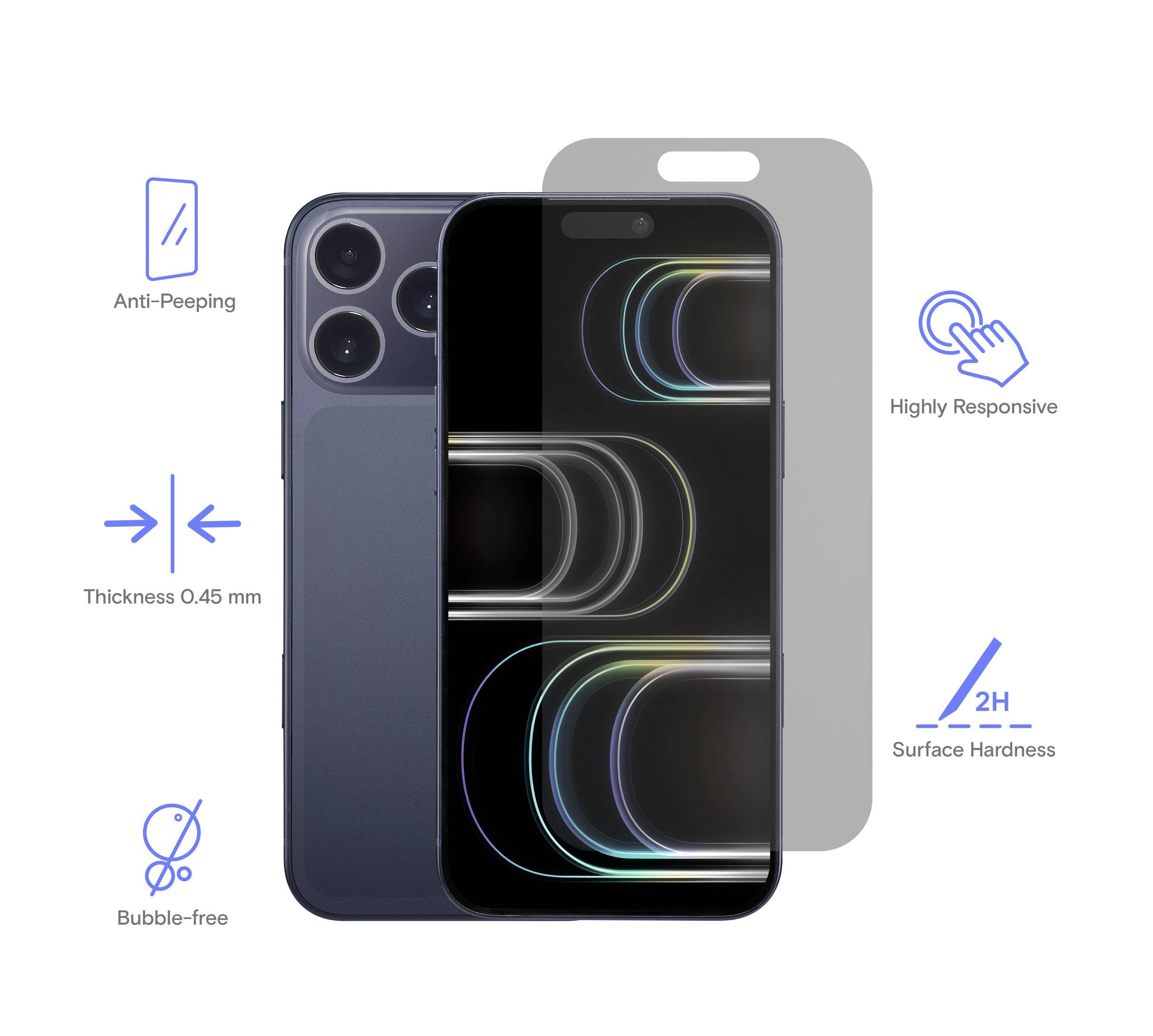 Ein Smartphone mit einem Schutzbildschirmüberzug, gekennzeichnet als ‚Anti-Spionage', ‚Hochresponsiv', ‚Dicke 0,45 mm', ‚Oberflächenhärte 2H' und ‚Blasenfrei'.