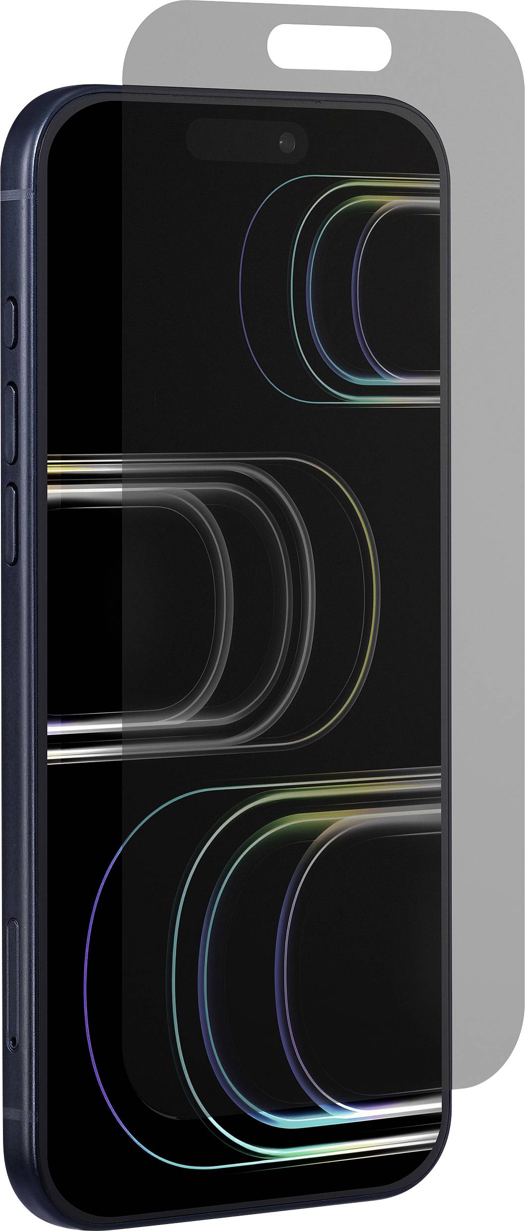 Ein Smartphone mit einer geschwungenen Designlinie auf dem Bildschirm und einer Schutzfolie, die den Bildschirm teilweise bedeckt, in vertikaler Ausrichtung.