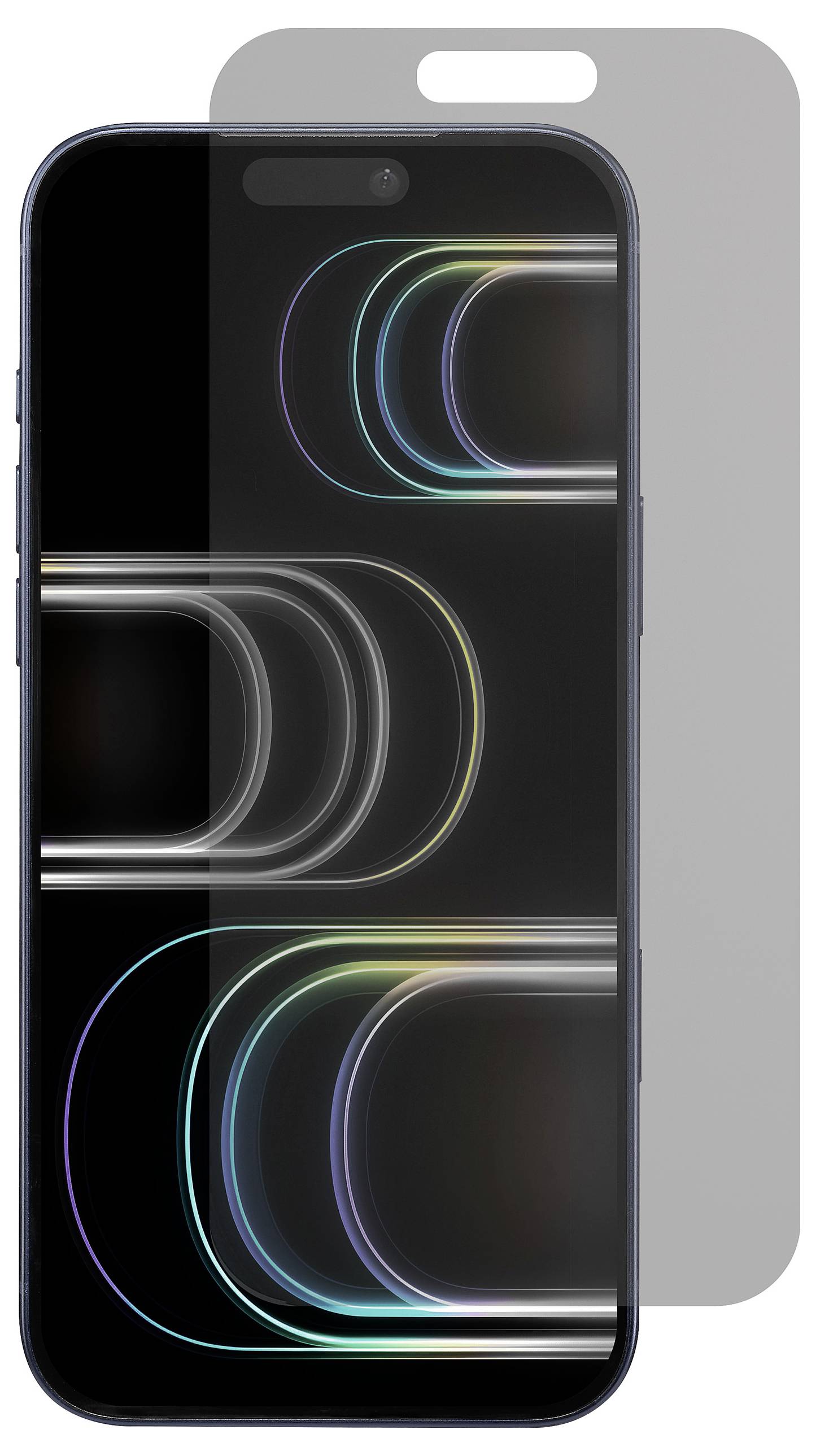 Ein Smartphone mit einem dunklen Bildschirm zeigt überlappende, farbenfrohe Bögen. Ein transparenter Displayschutz wird daneben präsentiert und hebt dessen Abdeckungsbereich hervor.
