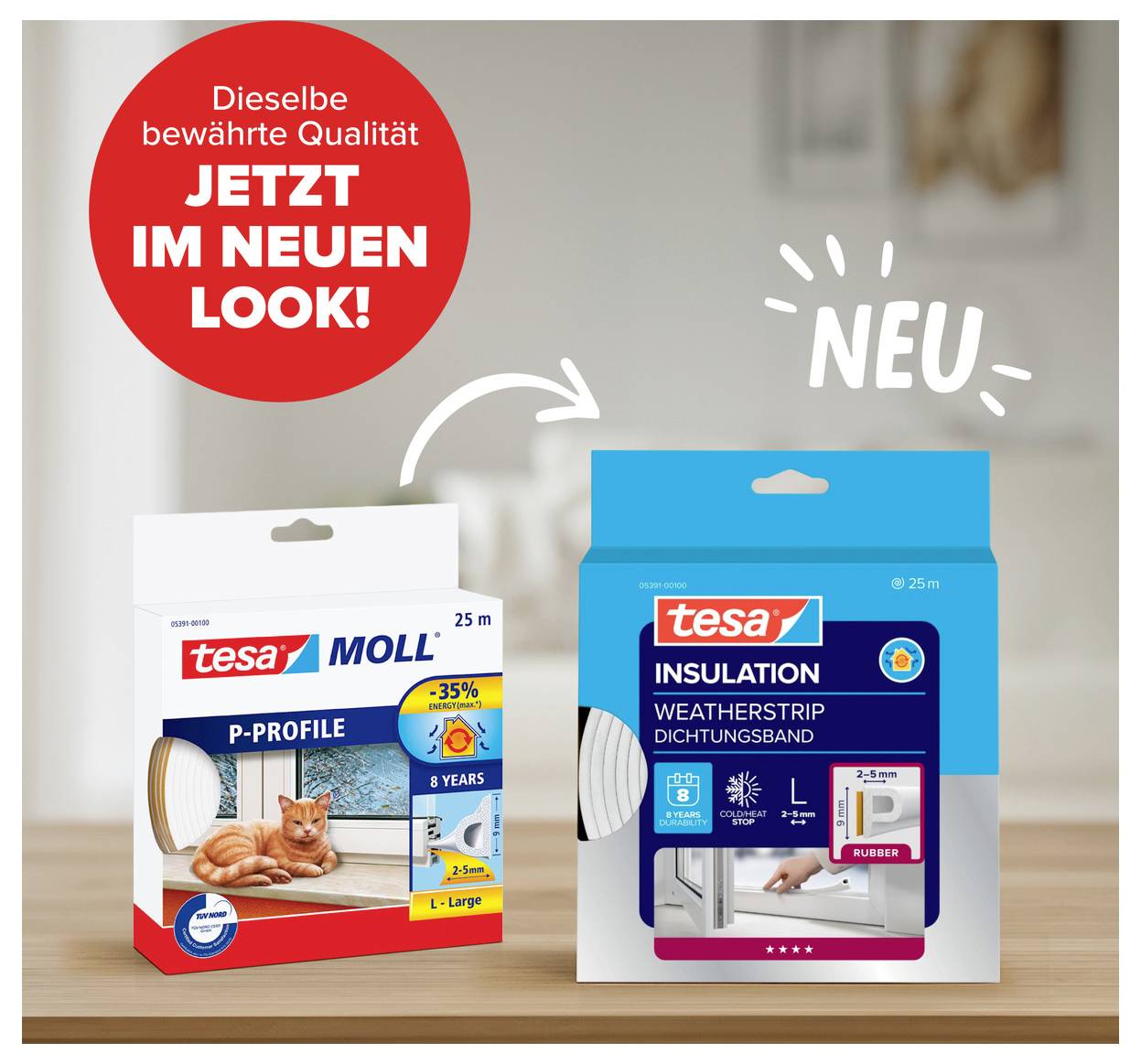 'Neue Verpackung für tesa Dichtungsband präsentiert. Links alte Verpackung mit Katze, rechts neue im frischen Design mit 