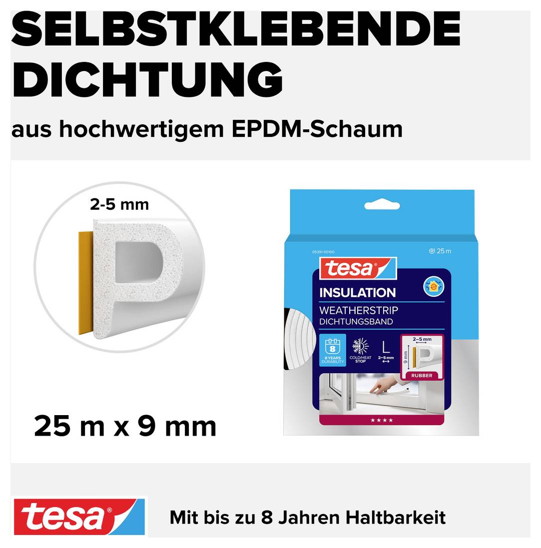 Selbstklebende Dichtung aus hochwertigem EPDM-Schaum, 25 m x 9 mm, langlebig bis zu 8 Jahre, Tesa Wetterstreifen-Dichtungsband.