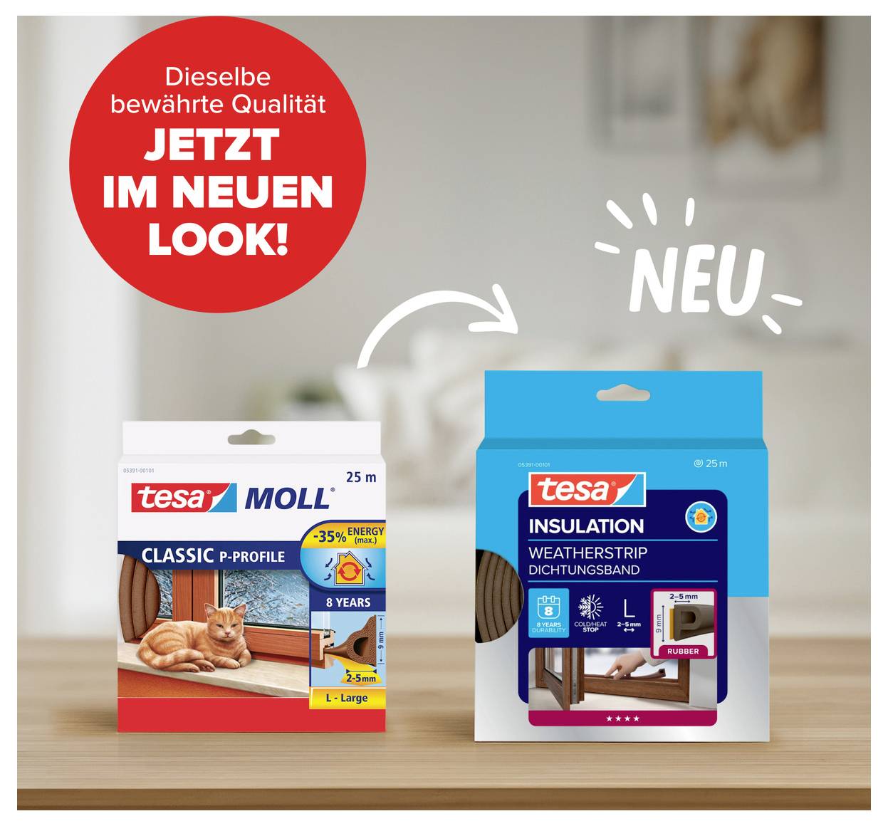 Zwei Verpackungen von tesa. Links: 'Classic P-Profil' für Türen. Rechts: Neue 'Insulation Weatherstrip Dichtungsband' Verpackung.