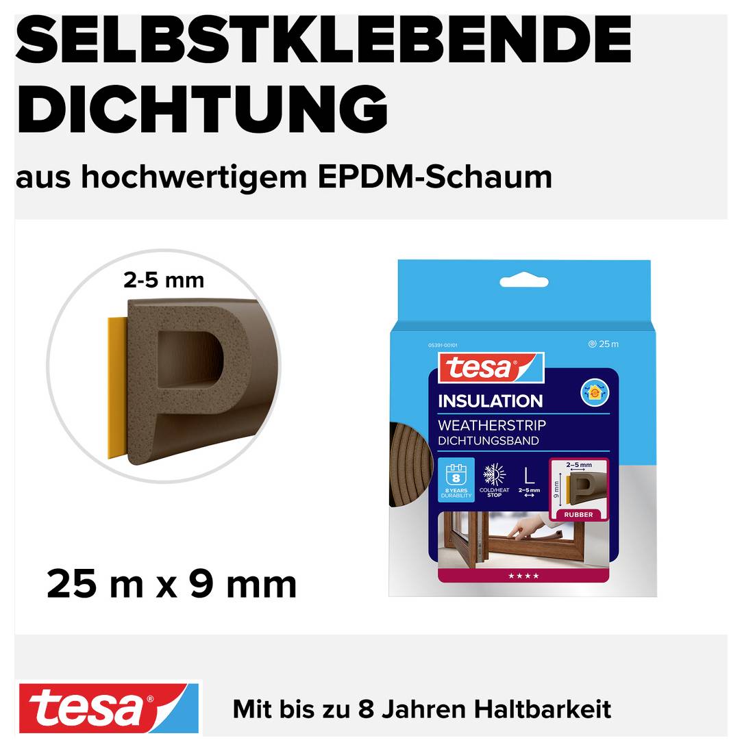'Selbstklebende Dichtung' aus EPDM-Schaum, 2-5 mm dick, 25 m x 9 mm. Hält bis zu 8 Jahre. Verpackung zeigt Anwendung an Türen.