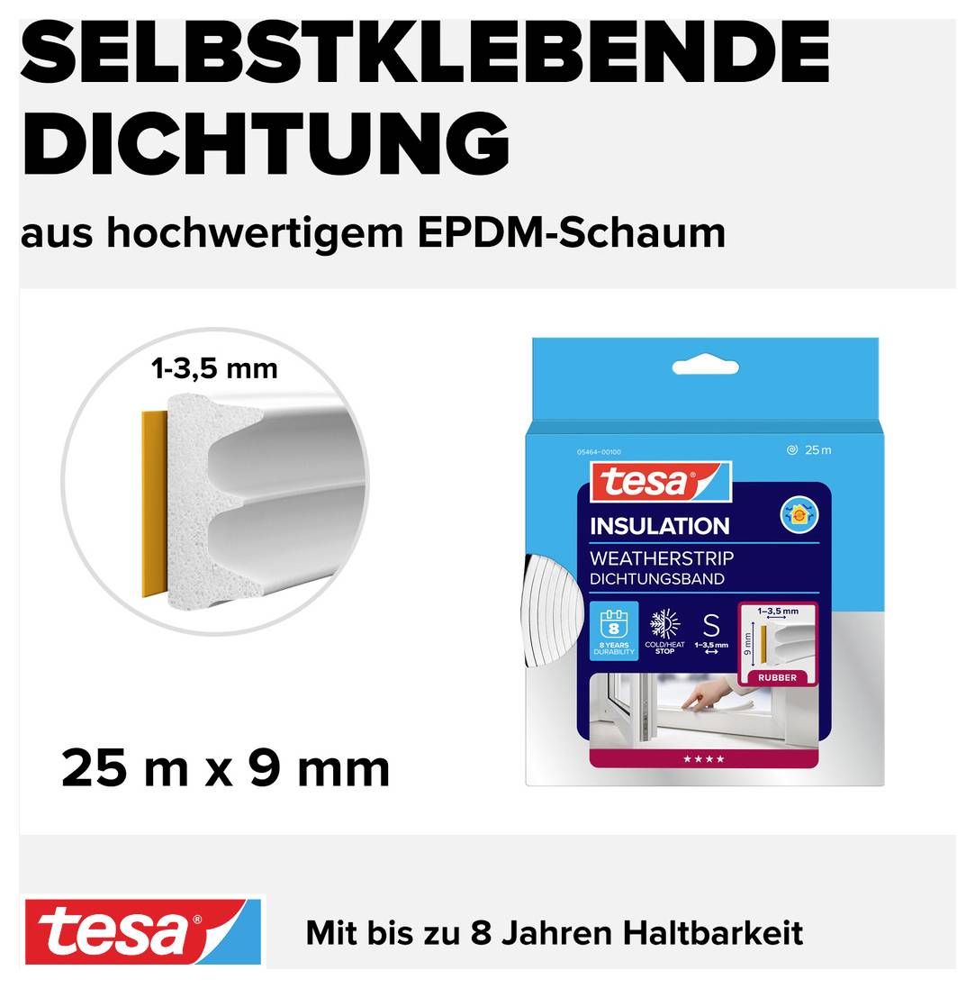 'Selbstklebende Dichtung aus hochwertigem EPDM-Schaum, 25 m x 9 mm, haltbar bis zu 8 Jahre' mit Verpackungsabbildung.