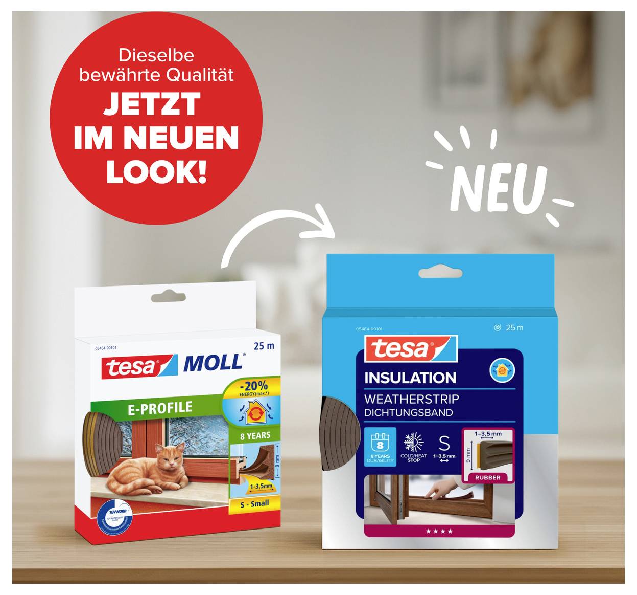 'Zuverlässige Dichtungslösung jetzt in neuem Look!' Zwei Tesa-Produkte: 'E-Profile' und 'Insulation Weatherstrip Dichtungsband'.