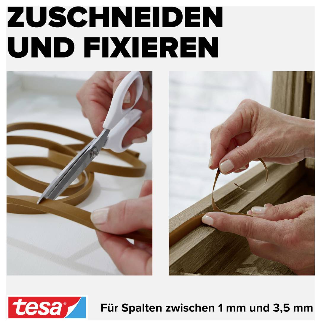 'Zuschneiden und Fixieren' zeigt eine Schere beim Schneiden eines Dichtungsstreifens und Hände, die ihn an einem Fensterrahmen anbringen. 'Für Spalten zwischen 1 mm und 3,5 mm.'