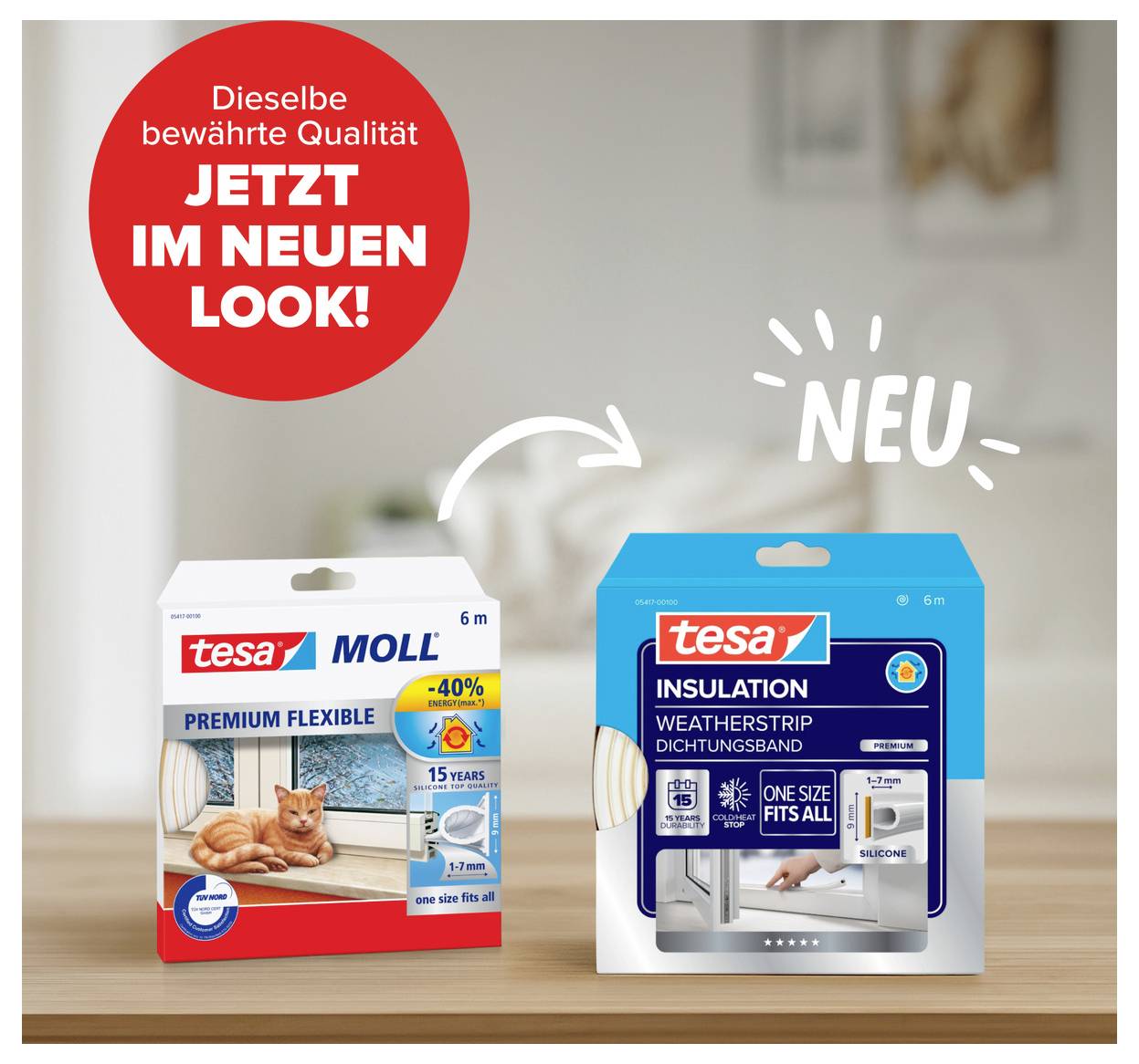 'Zwei tesa-Produktverpackungen: links 'tesa MOLL Premium Flexible' mit einer Katze, rechts 'tesa Insulation' mit Aufschrift 'NEU'.'