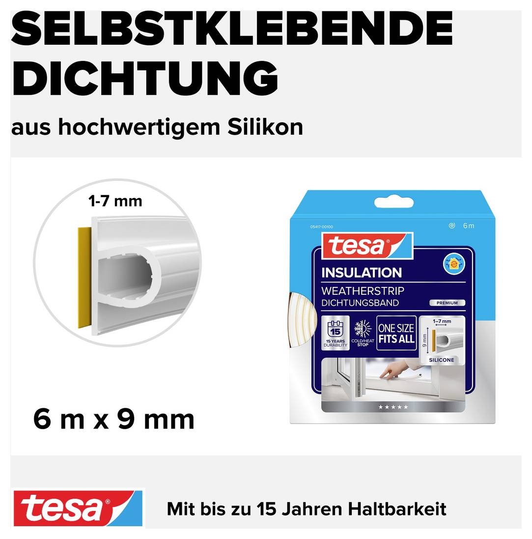 'Selbstklebende Dichtung aus hochwertigem Silikon', zeigt Dichtungsband-Verpackung, Maße 6 m x 9 mm, für Dämmung, haltbar bis 15 Jahre.