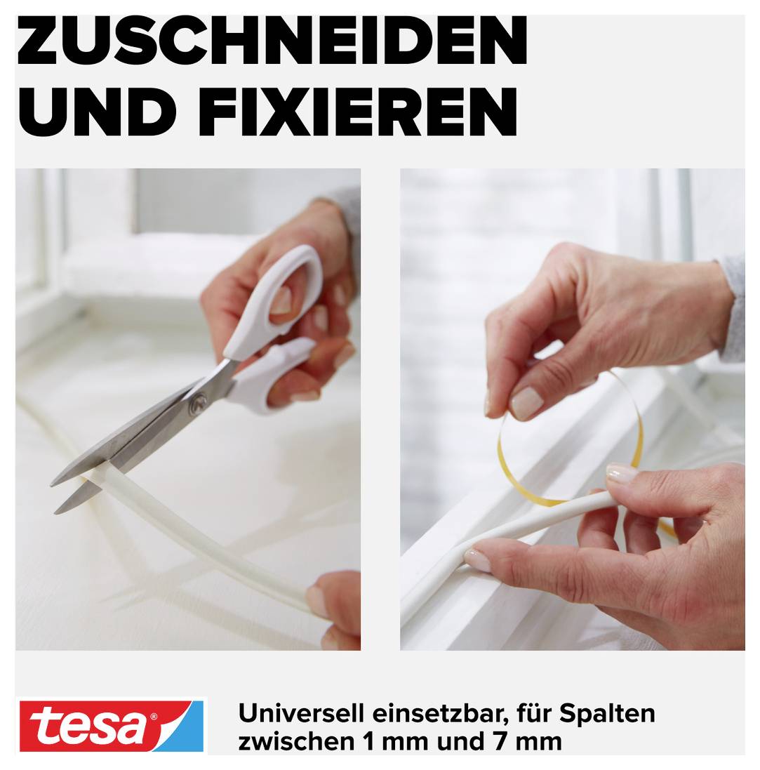 'Zuschneiden und Fixieren' zeigt Hände, die Dichtungsband mit Schere schneiden und auf Fensterrahmen kleben. 'tesa' Logo unten links.