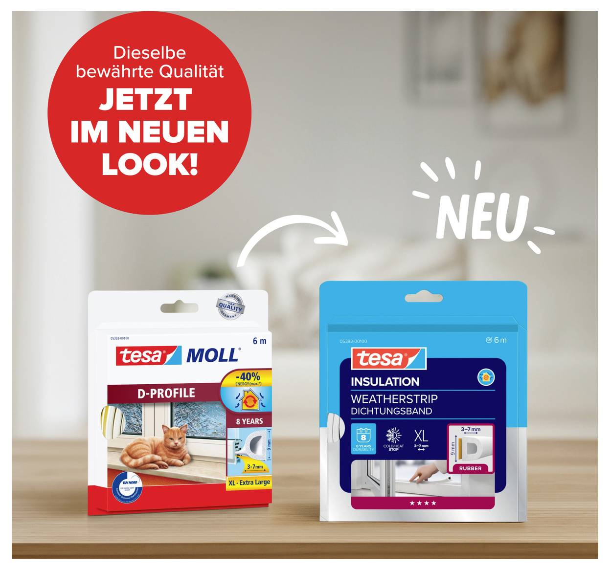 'Zwei Verpackungen von Tesa-Produkten: links D-Profil mit Katze, rechts neues Design für Dichtungsband mit 'NEU' hervorgehoben.'