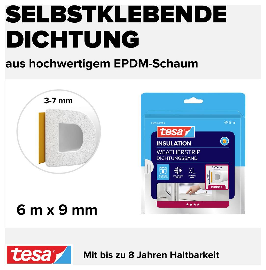 Selbstklebende Dichtung aus hochwertigem EPDM-Schaum, 6 m x 9 mm. Mit bis zu 8 Jahren Haltbarkeit.