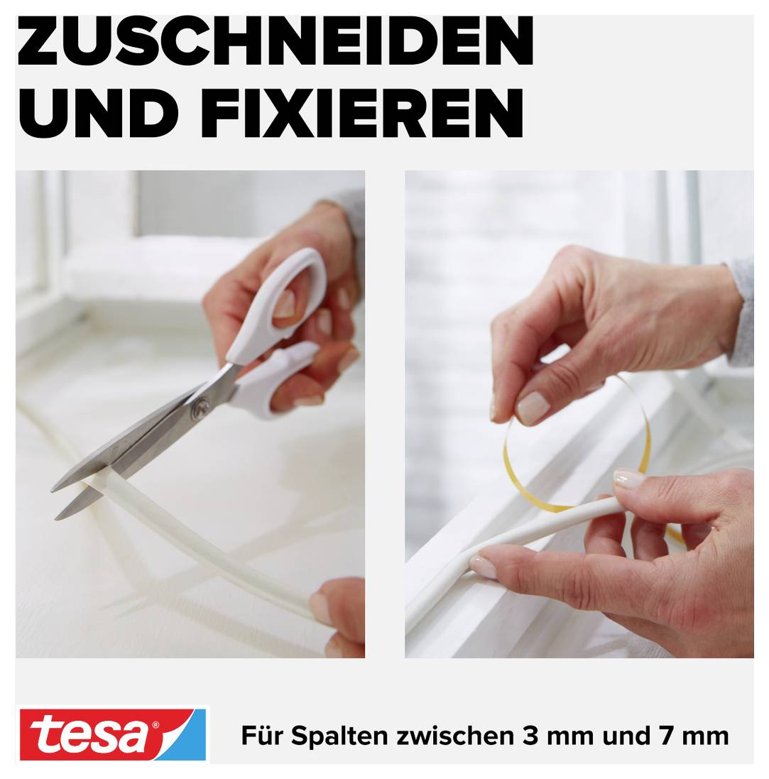 'Zuschneiden und fixieren' zeigt eine Person, die ein Dichtungsband für Fensterrahmen zuschneidet und anbringt. Tesa-Logo unten.