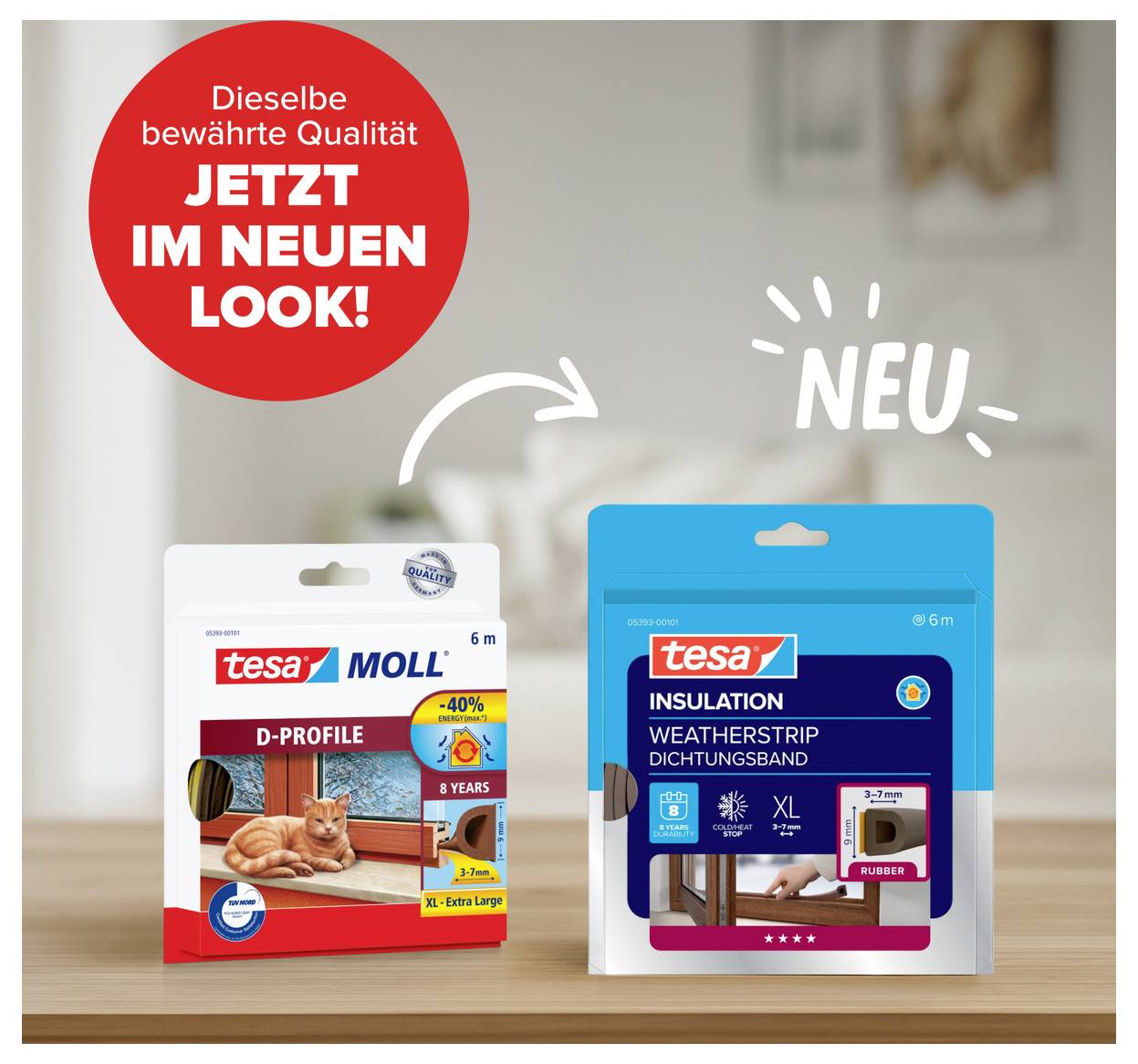 'Zwei Tesa-Produktverpackungen: links D-Profil für Türen, rechts Dichtungsband für Fenster, beide mit Aufschrift 