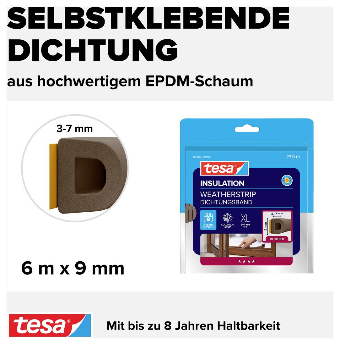 Selbstklebende Dichtung aus hochwertigem EPDM-Schaum, 6 m x 9 mm, mit bis zu 8 Jahren Haltbarkeit. Wetterband-Abbildung.