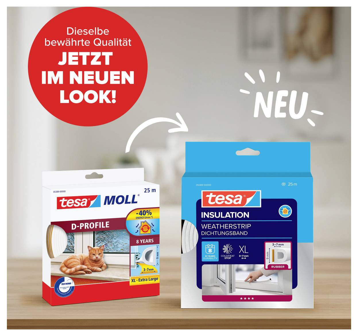 'Dieselbe bewährte Qualität jetzt im neuen Look!' zeigt die Verpackung eines Dichtungsbandes von tesa, vorher und nachher.